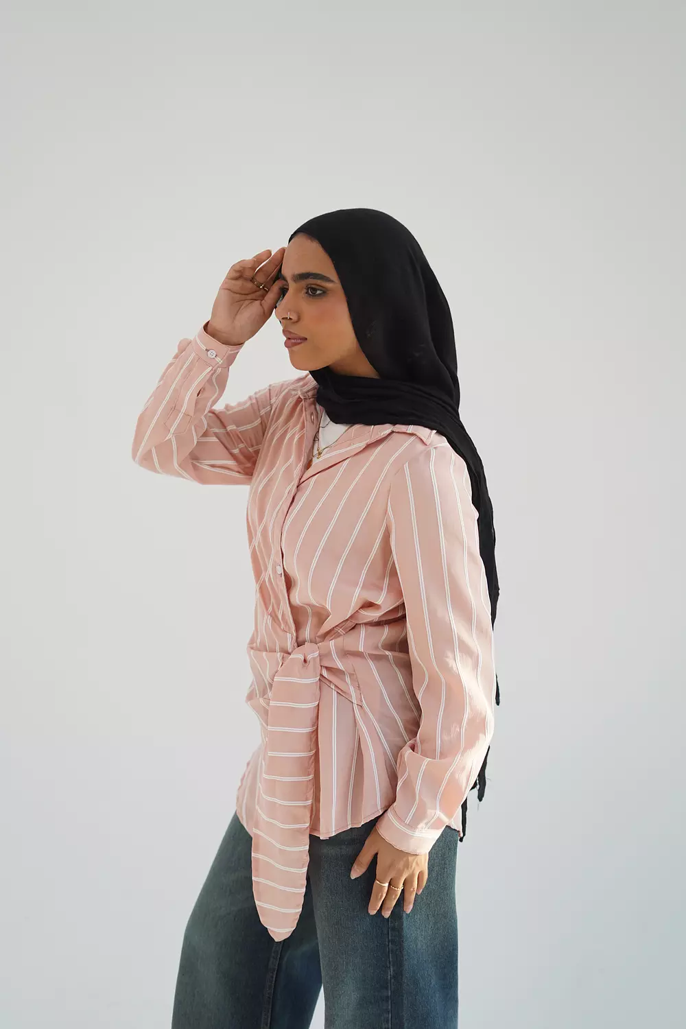 Pink long striped shirt with side tie 2