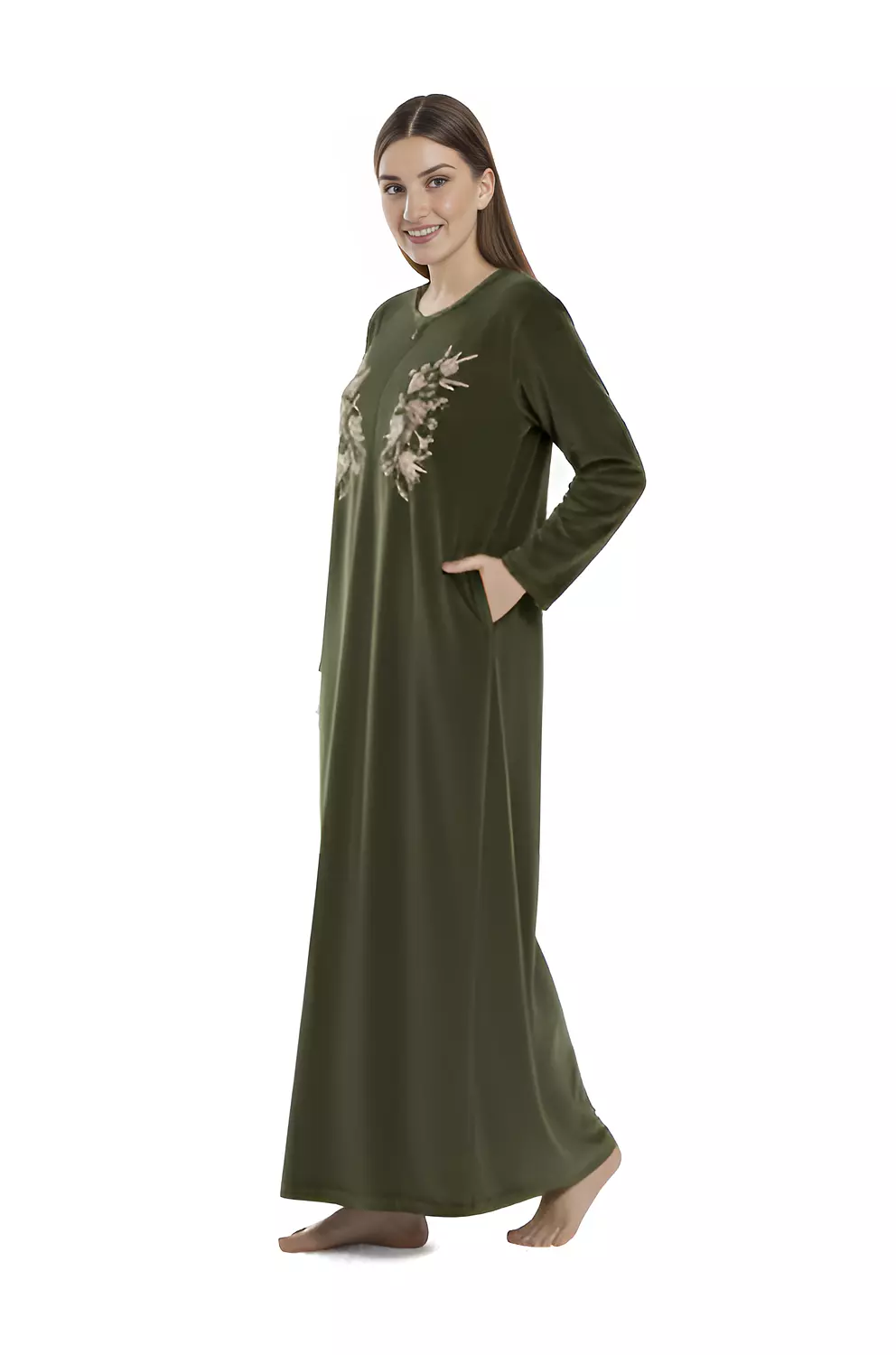 قميص نوم مطرز فليس - 2625 - زيتي 2