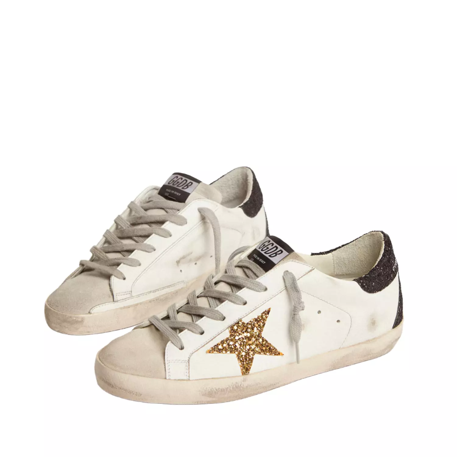 Golden goose Super-Star in nappa leather with gold glitter star and black glitter heel tab hover image