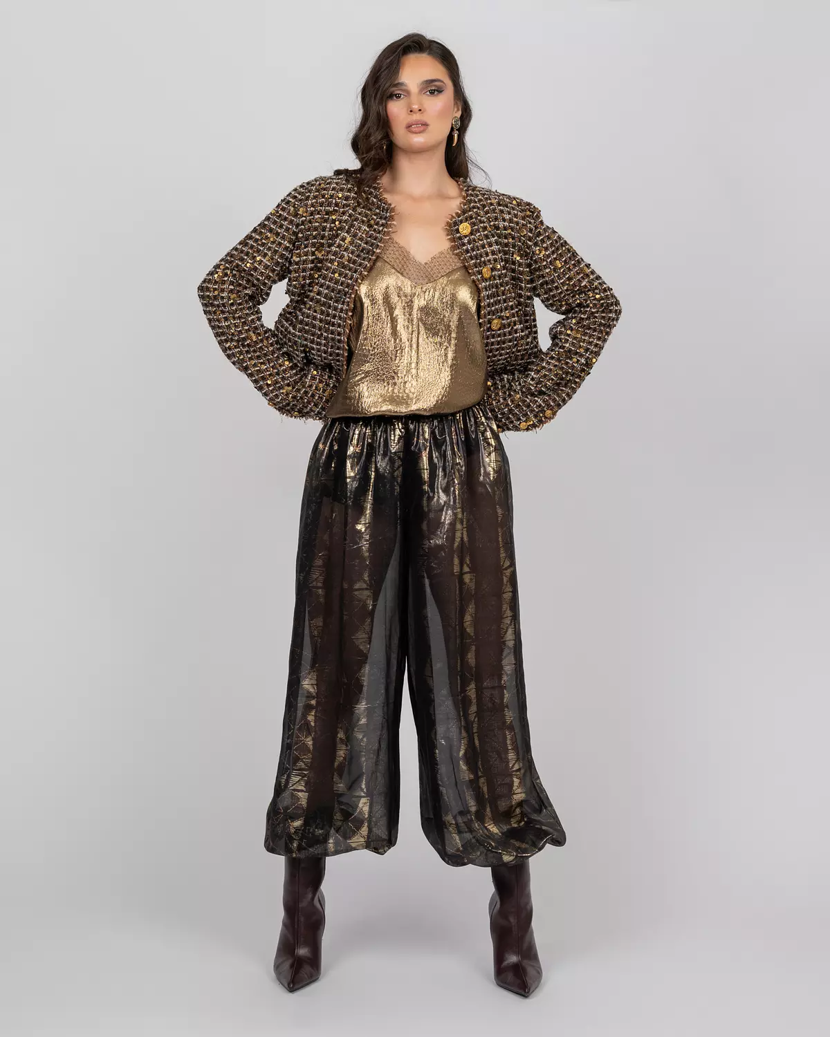 Sheer black silk balloon trousers hover image