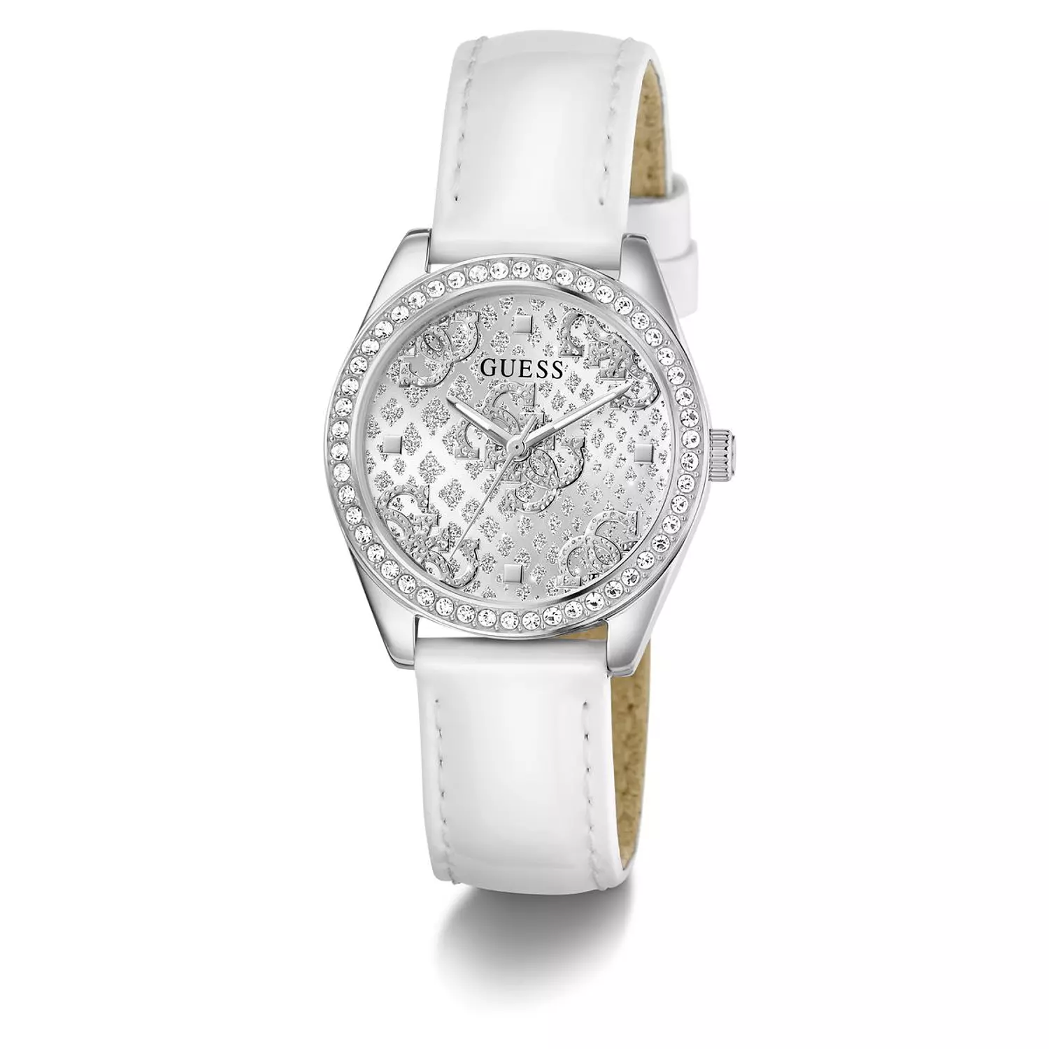 GUESS BOA Ladies White Silver Tone Analog Watch WHITE Genuine Leather Patent Strap 3