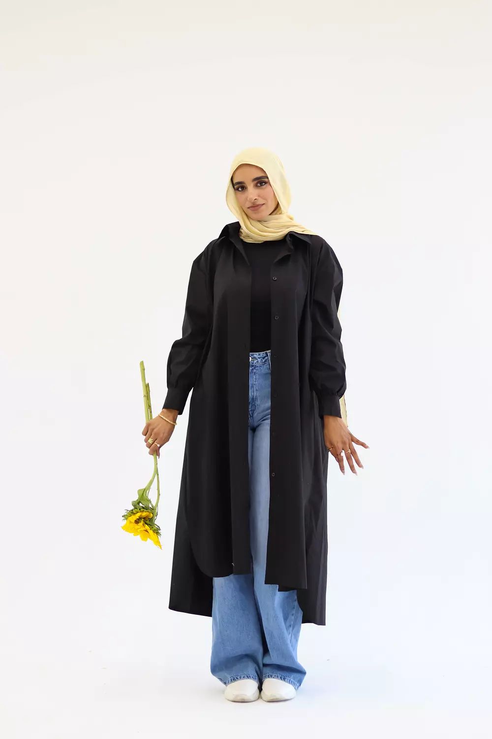 Poplin Cotton Long Shirt in Black 1
