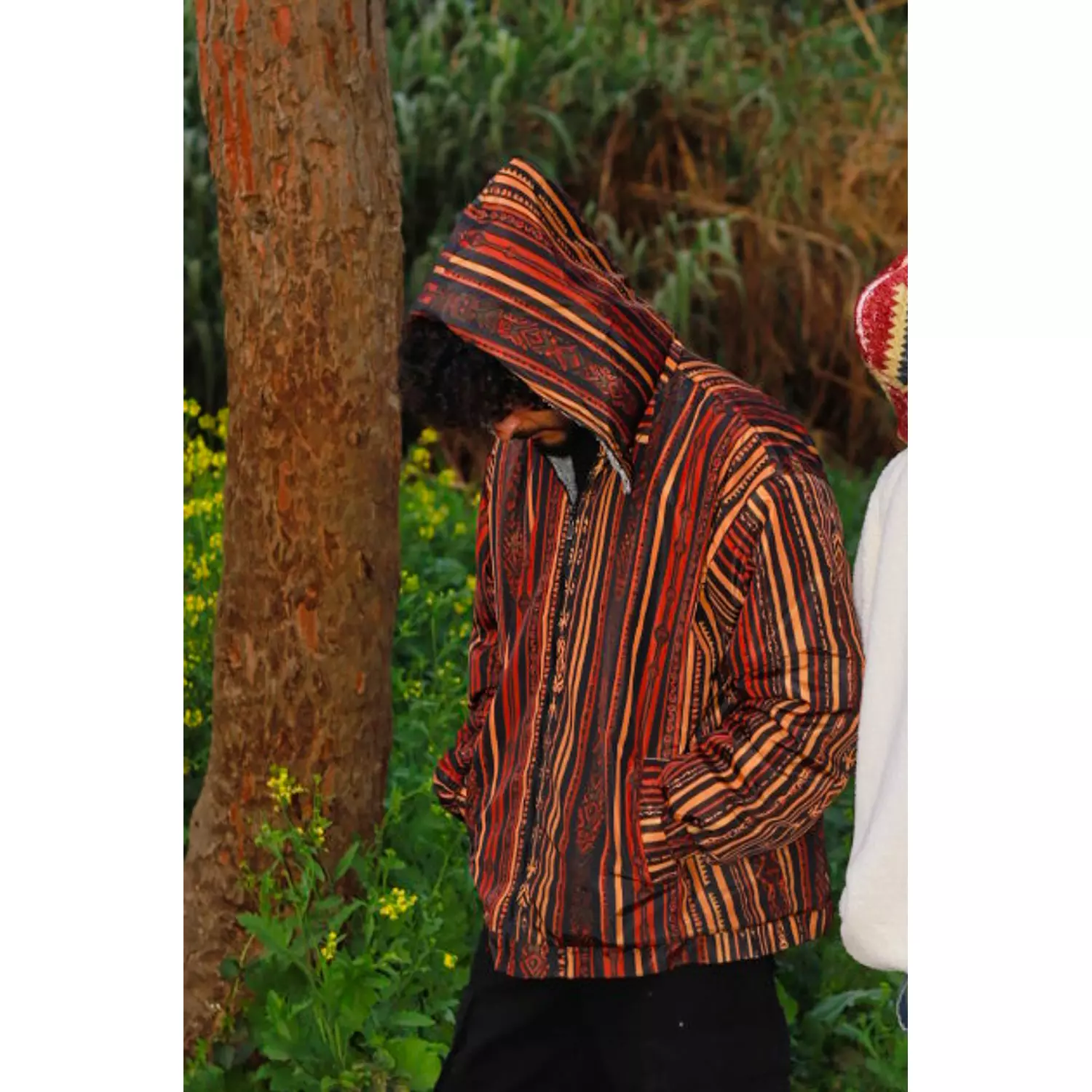 Hooded Warm Colored Patterned Ethnic Bomber Jacket image