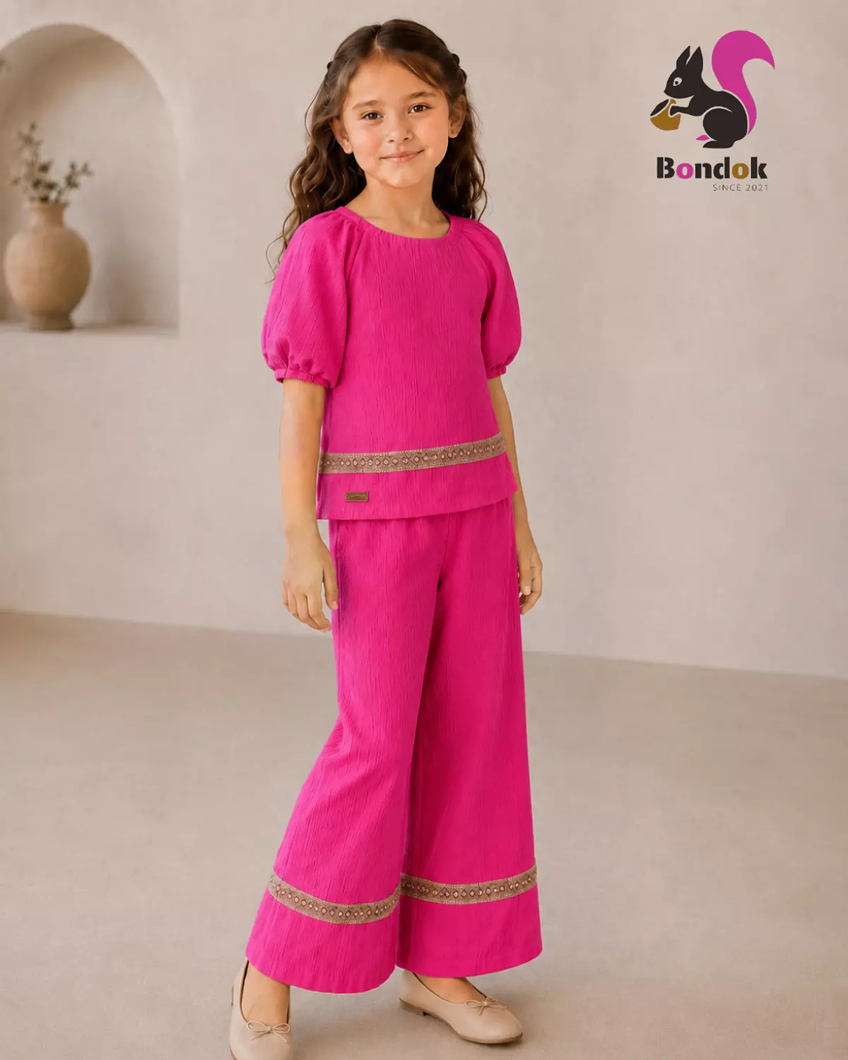 Wonder trim Set Girls' Puff Sleeve Top and Wide-Leg Trouser Set 3