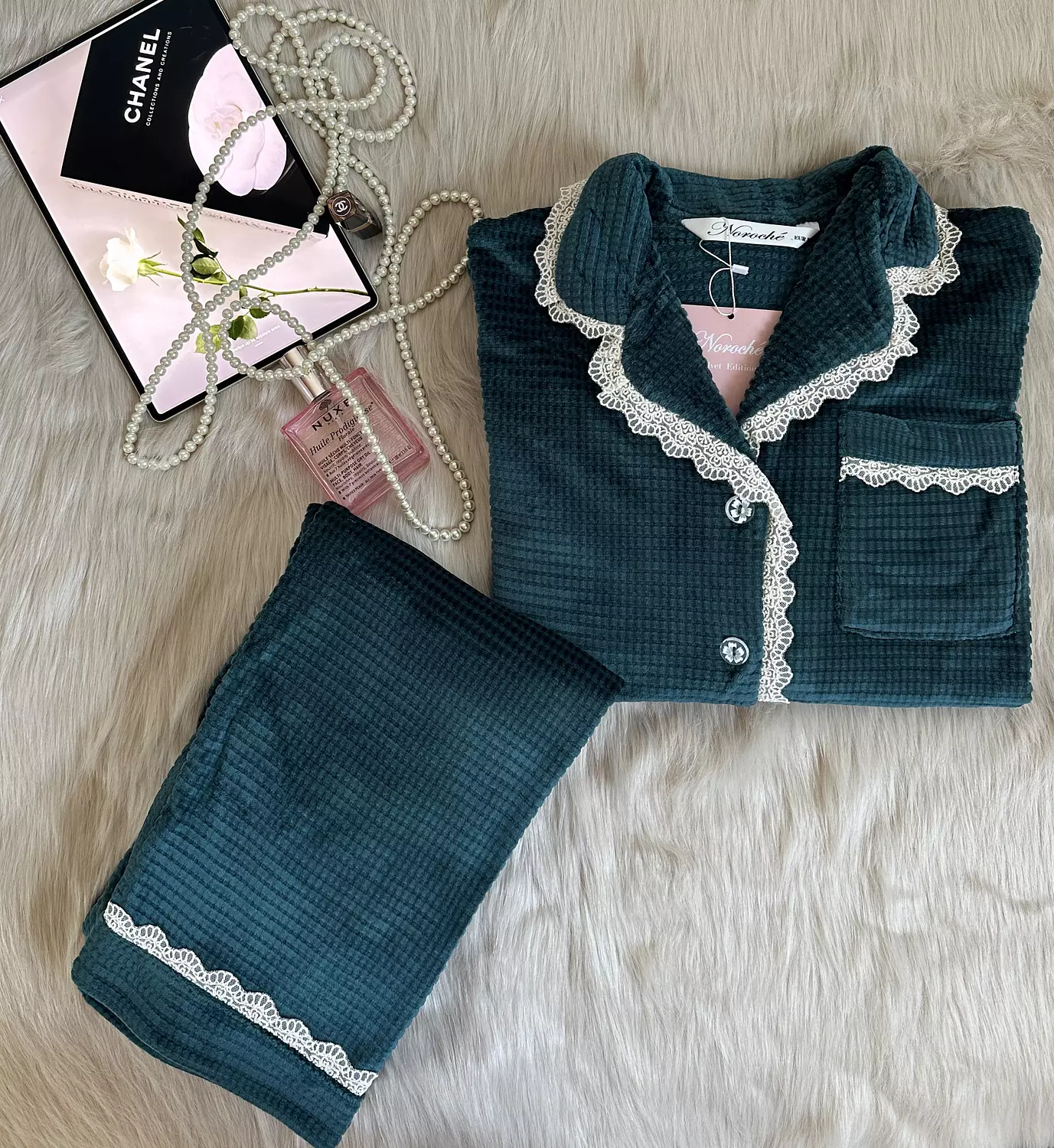 Velvet Teal Waffle Jacquard Pajamas 1