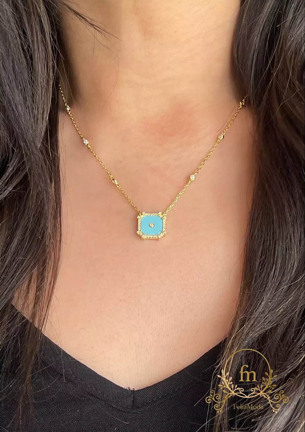 Fayrouz square with gold stones silver necklace gold plated image