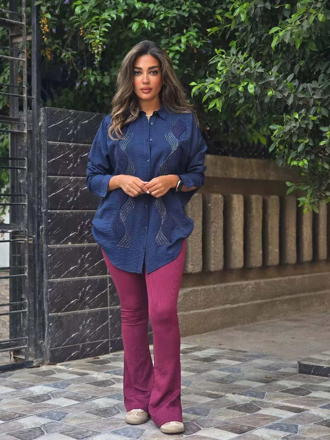 Navy blue embroidered linen shirt hover image