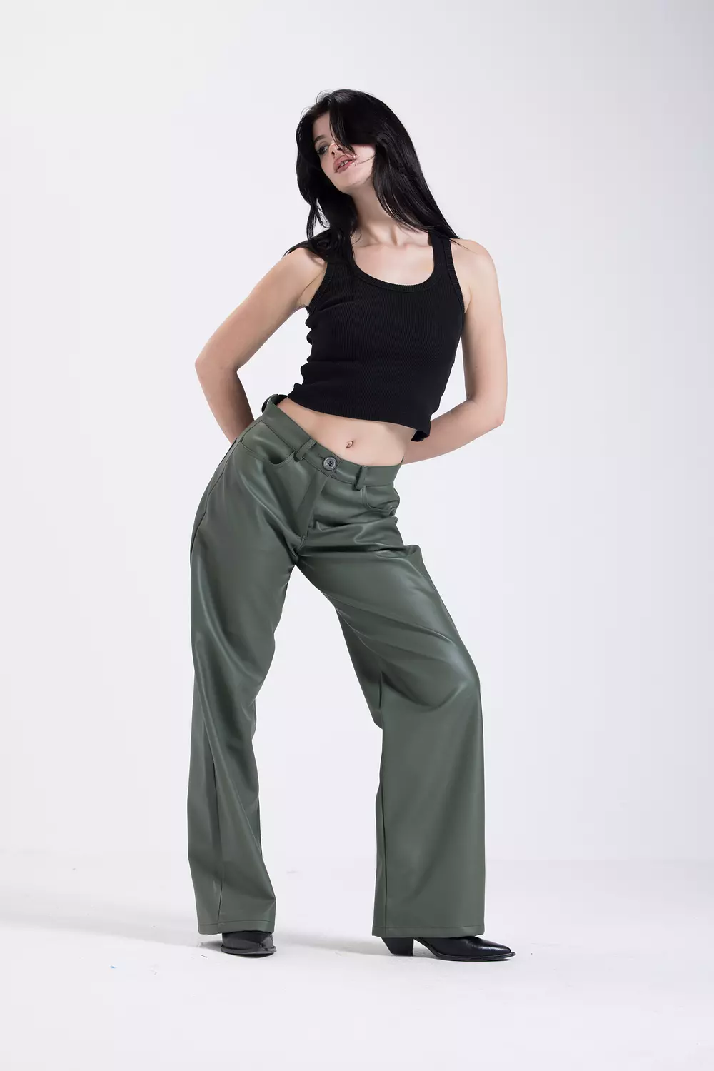 Olive Green Leather Pants image