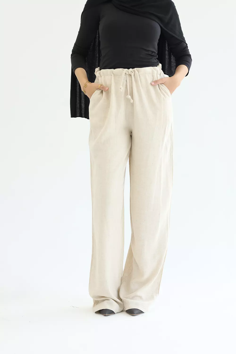 Beige linen trousers with waistband image