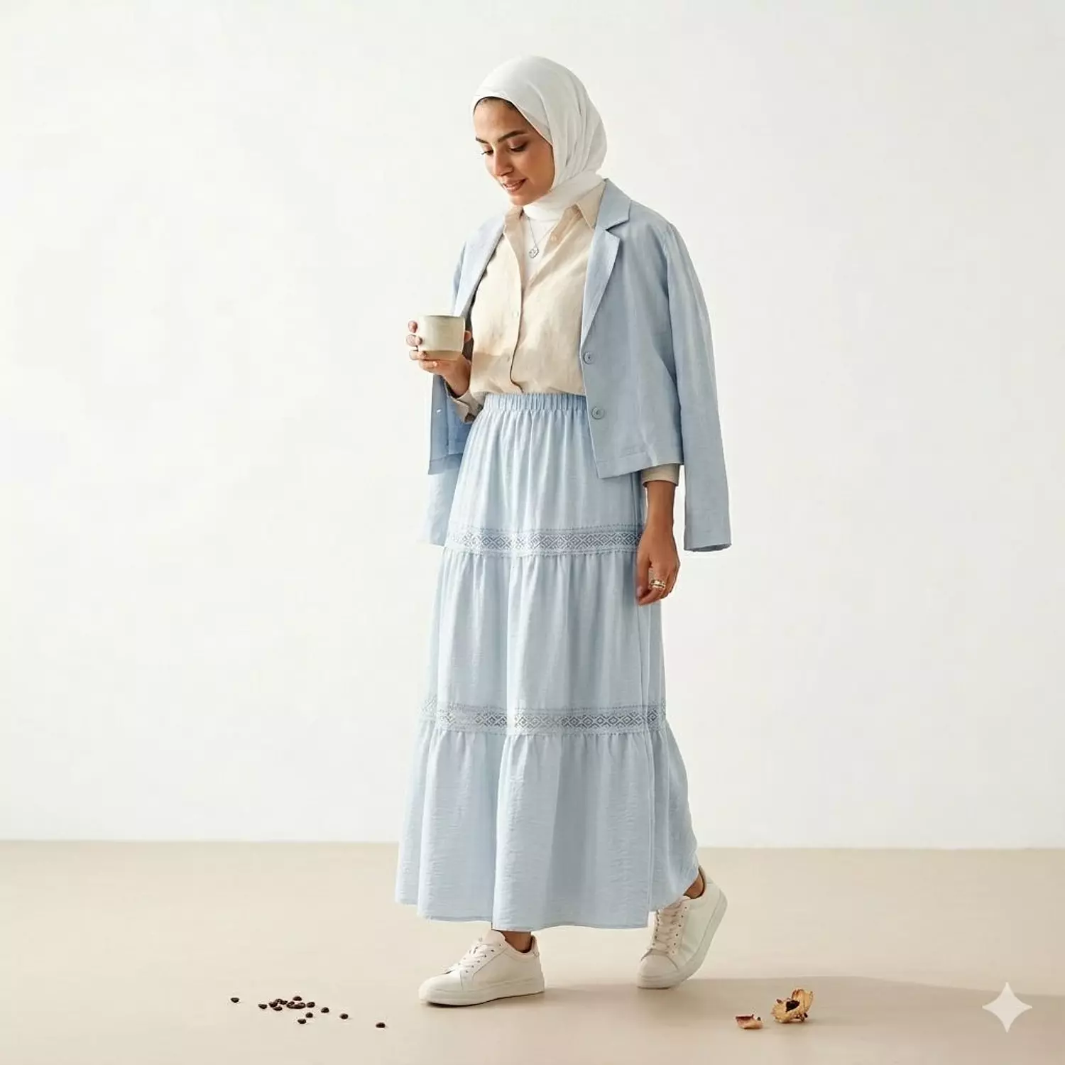 Tiered Skirt Features Delicate Lace Trim linen image