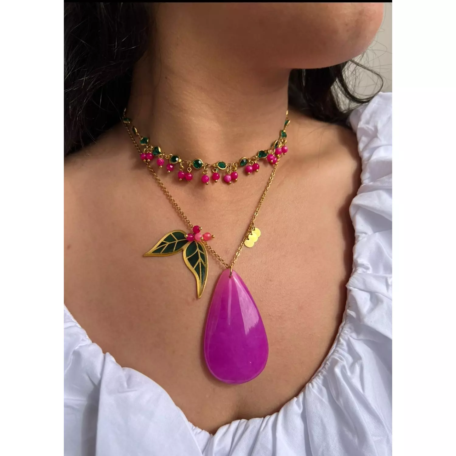 Set of two Colored Necklaces with colored leave pendent and stones hover image