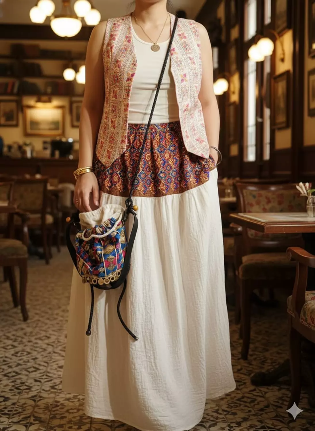 Maxi off white cotton skirt with sirma embroidered Upper part 4