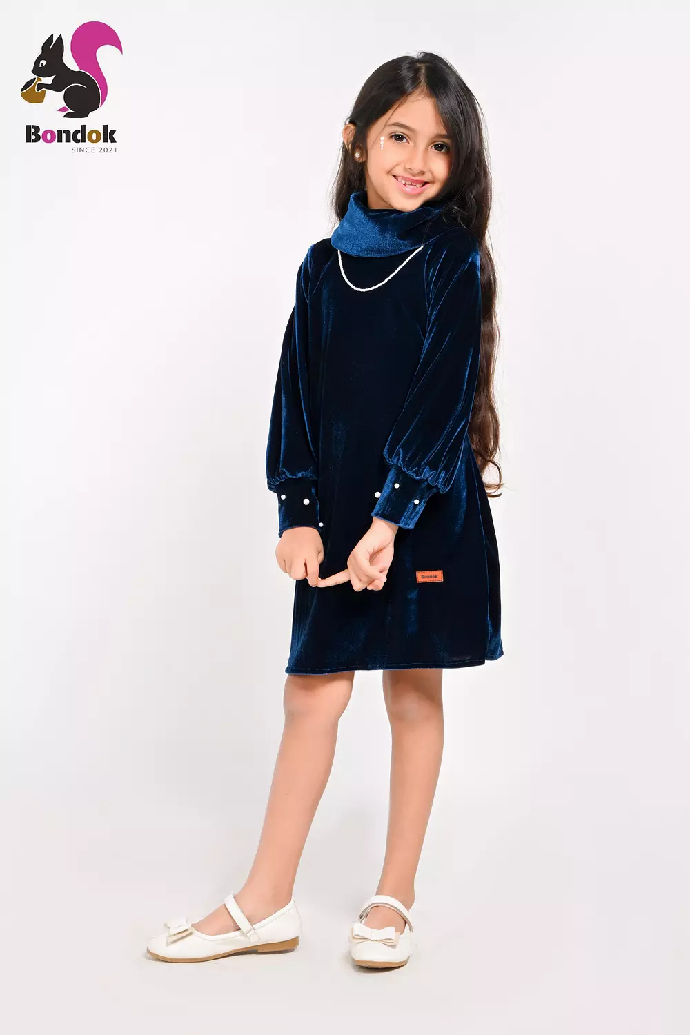 Pearl Slim Dress for Girls, Velvet Long Sleeve (RED, BLACK, EMERALD GREEN, NAVY BLUE AND DEEP FUCHSIA) 13