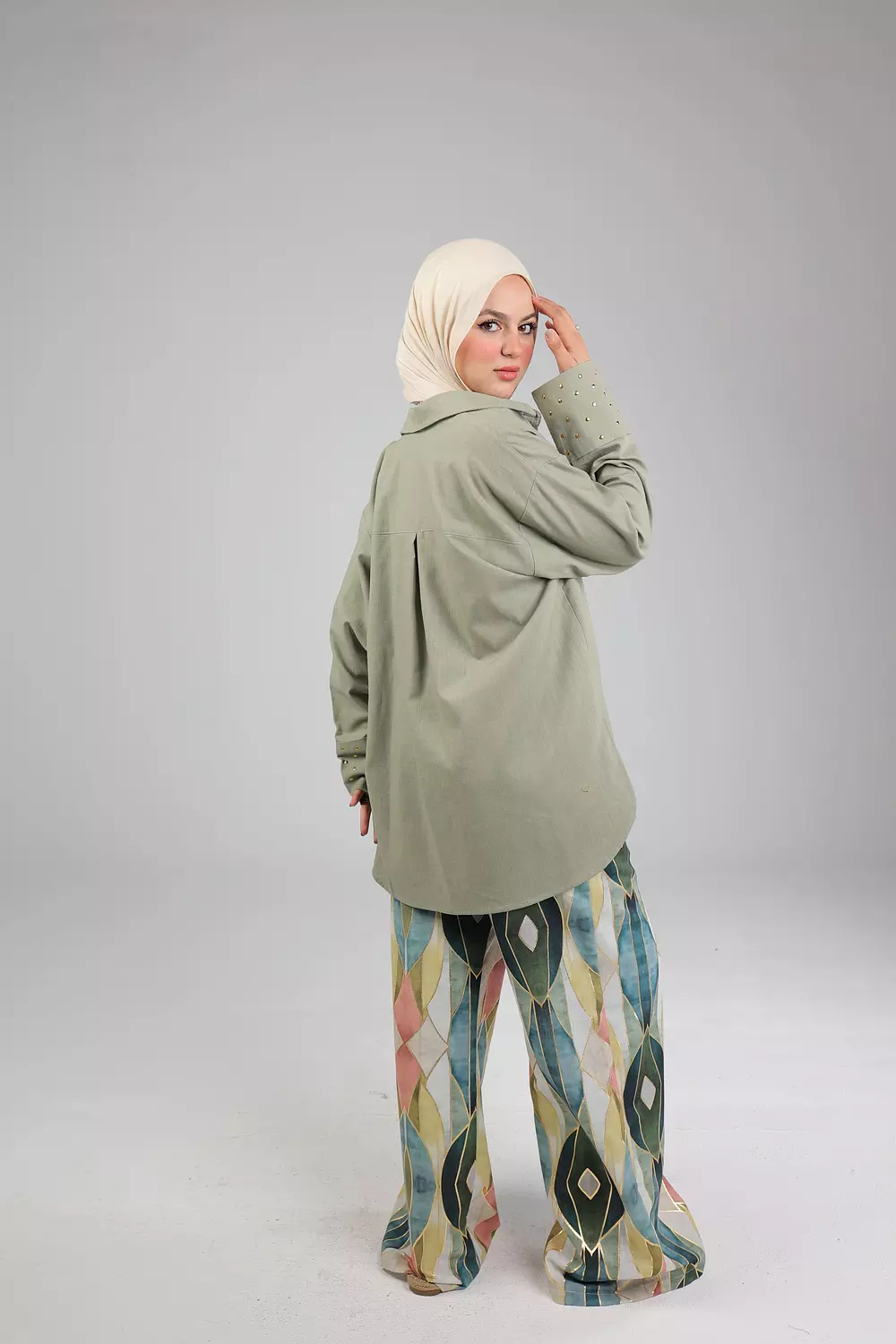 Olive studded linen shirt 3