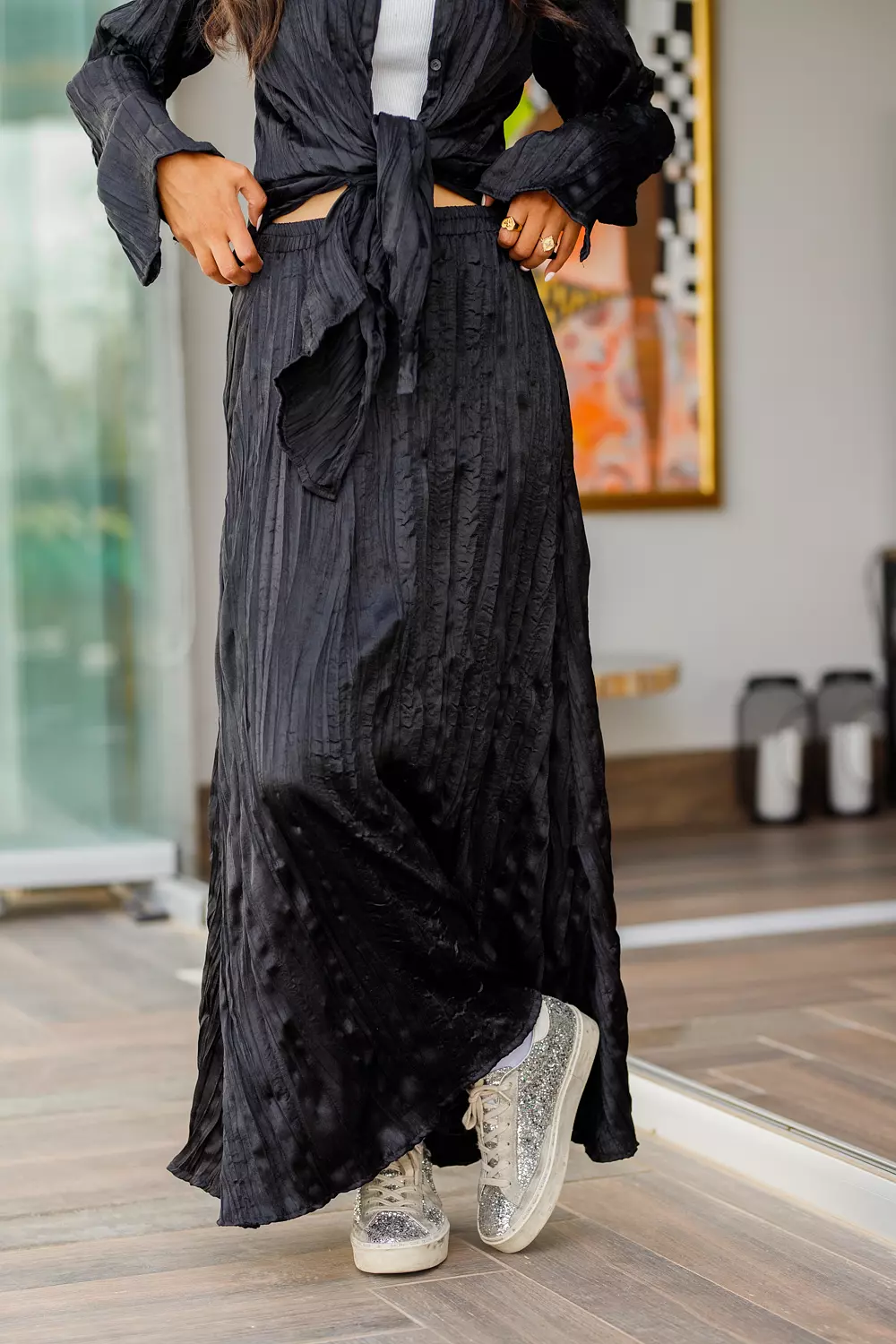 Black crushed maxi satin skirt  hover image