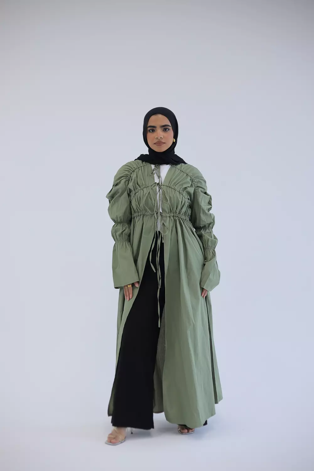 Olive cardigan with ties from the chest hover image
