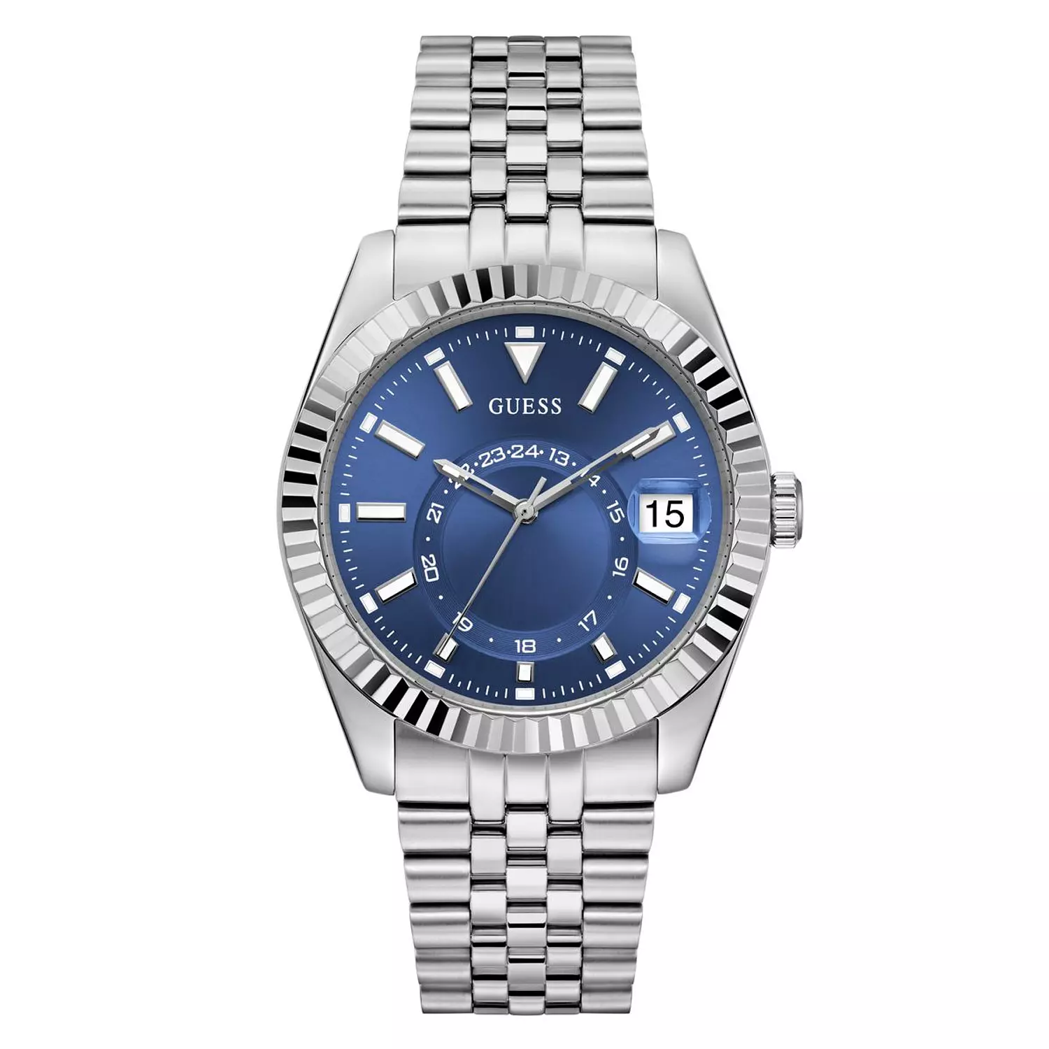 GUESS JADEN Men Silver Tone Multi-function Date Watch Silver Tone Stainless Steel Brushed/Polished Bracelet image