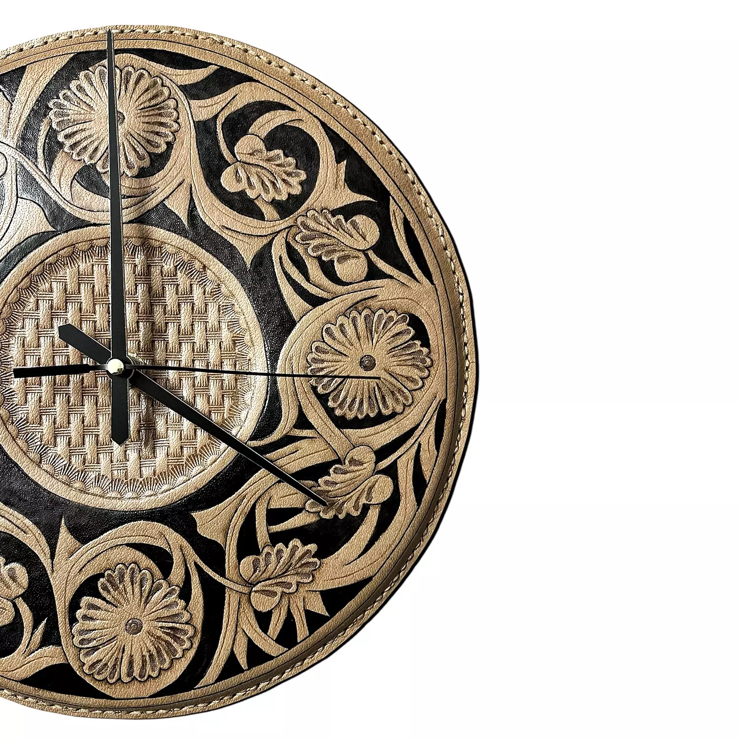 Tooled floral basket leather wall clock 3
