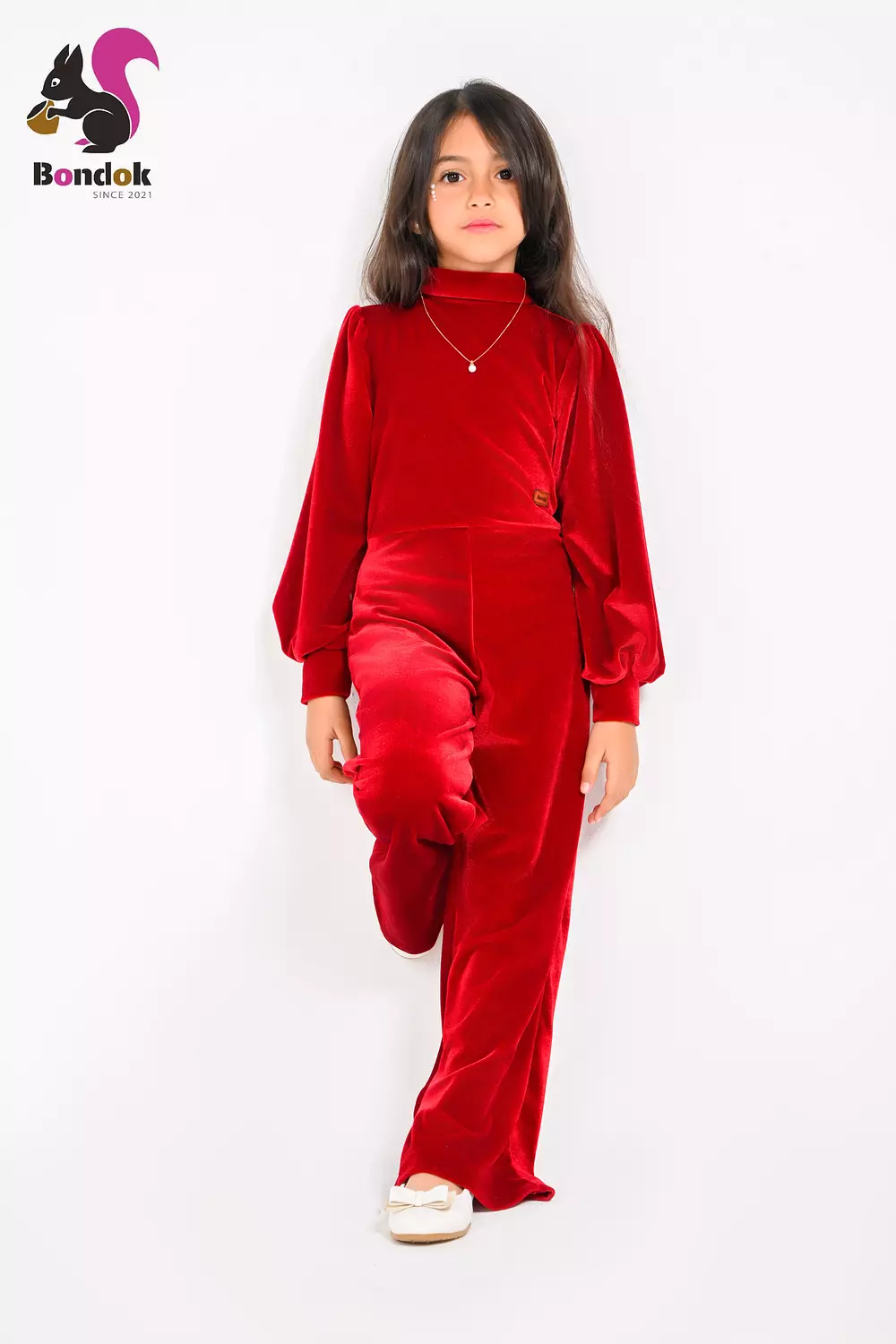 Girls Velvet Jumpsuit, Long Sleeve Wide Leg image