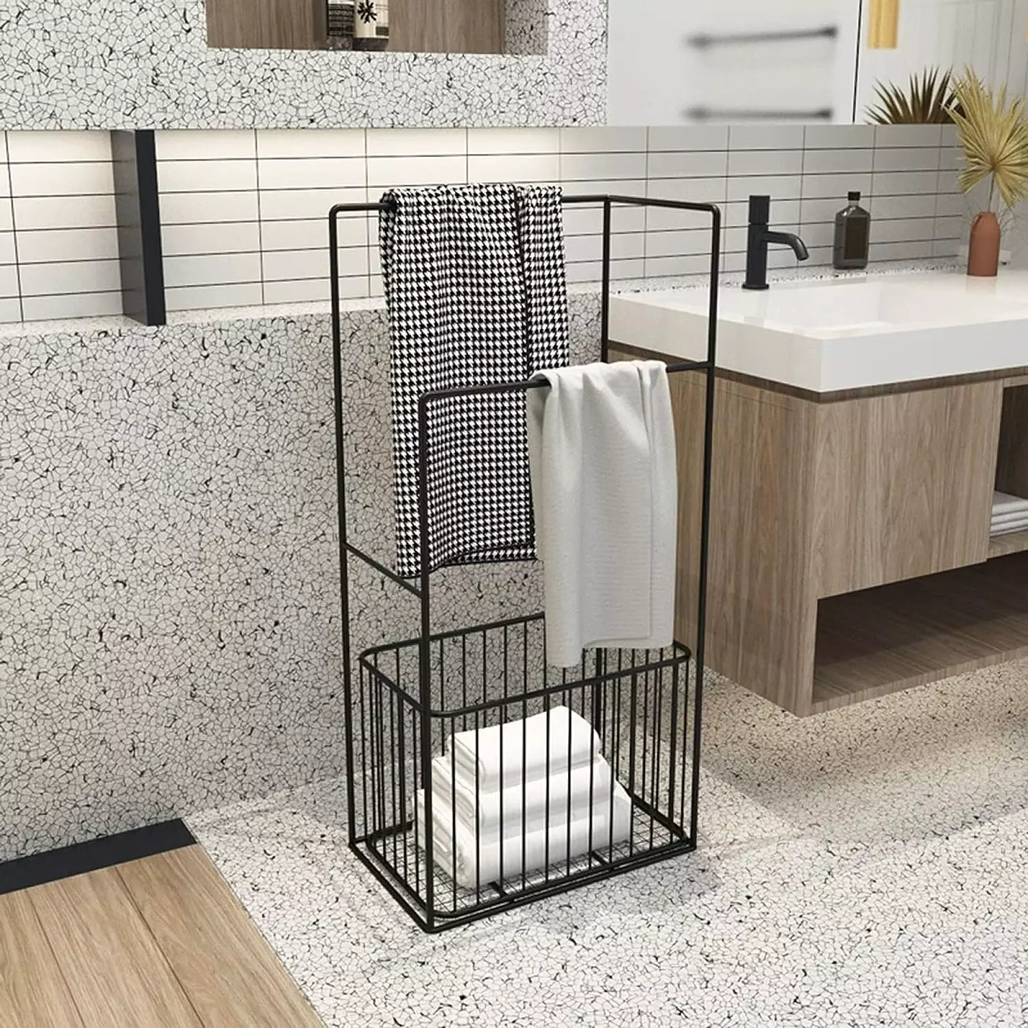 Bathroom towel organizer with clothes basket  hover image