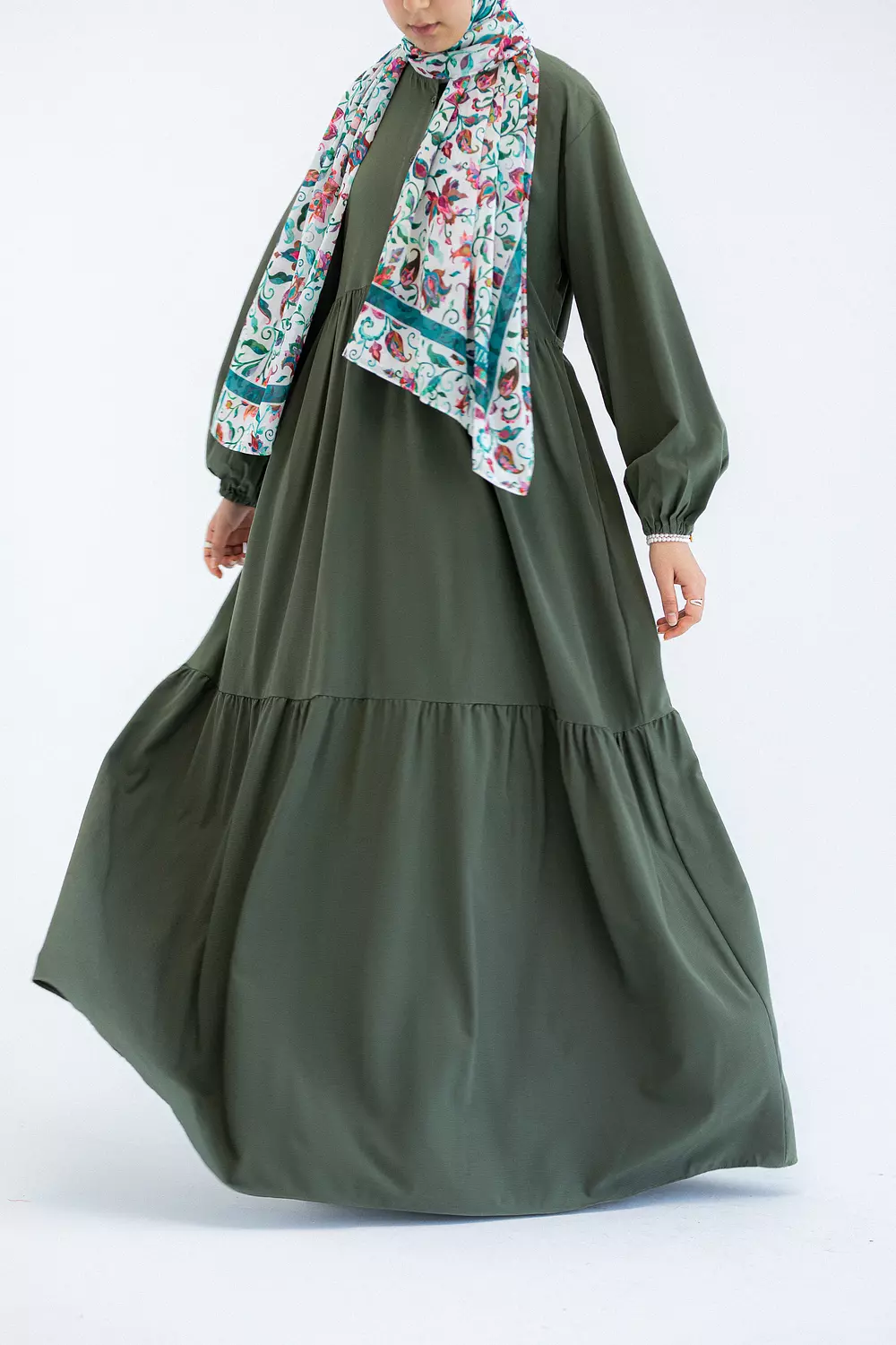 Plain Olive Dress with buttons and adjusting belt image