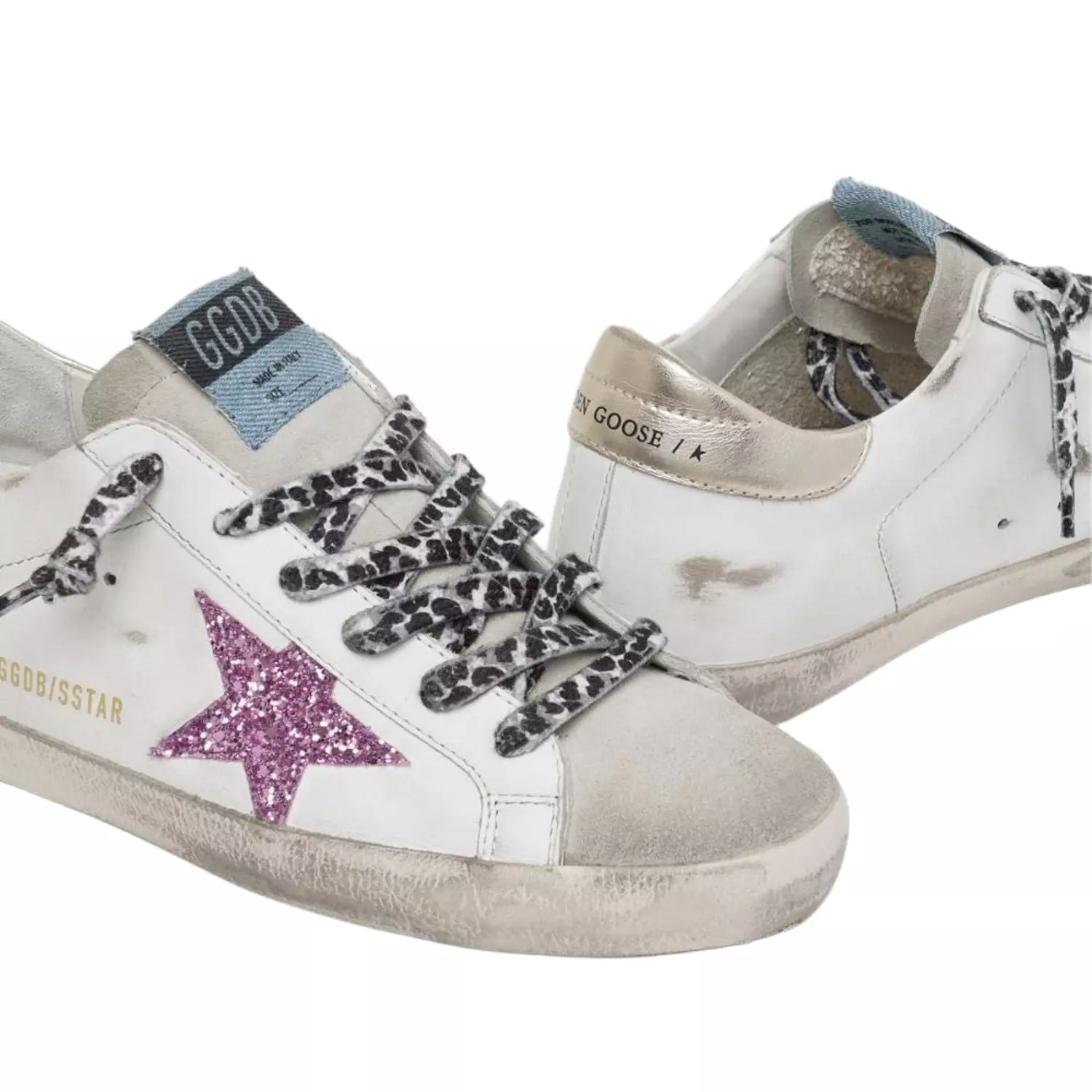 Golden Goose Super-Star Leather Sneakers with Pink Glitter Star 2