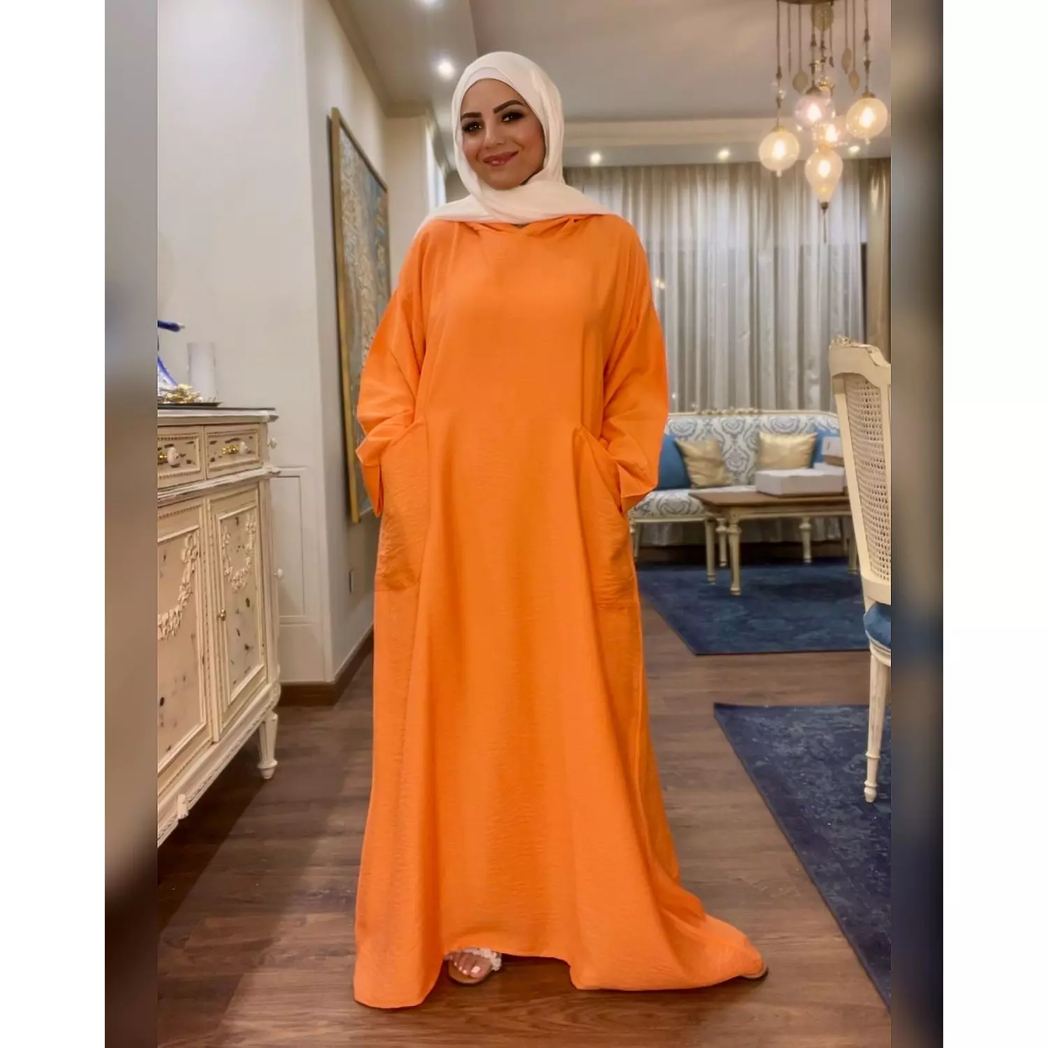 Hooded Linen Dress With Long Sleeves -  Tangerine 0