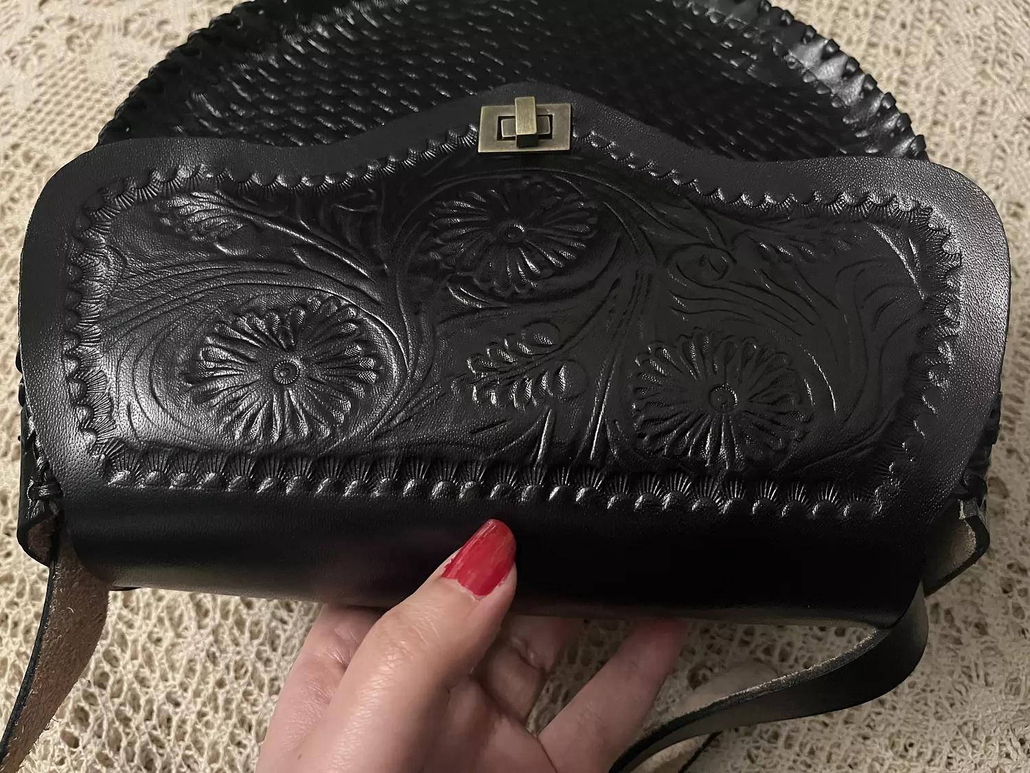 Floral round basket bloom tooled leather bag 3