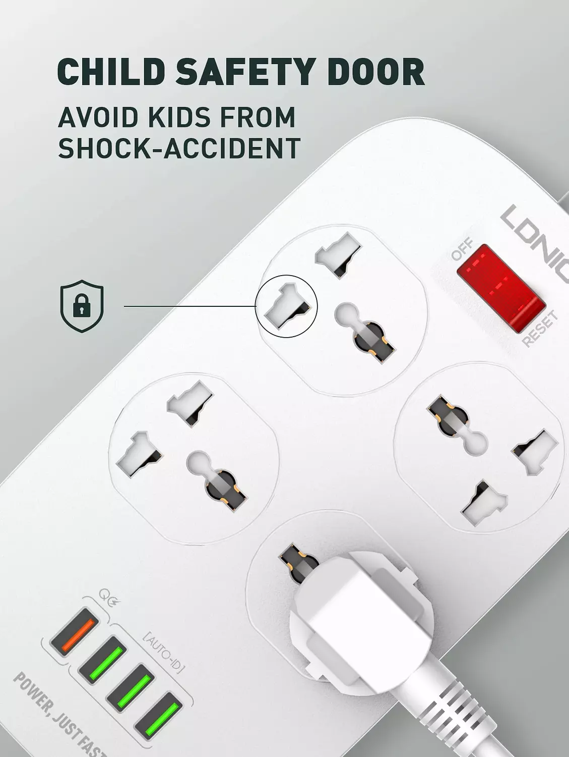 LDNIO SC4407 4-Socket Universal Power Strip with 4 USB Ports, 2500W, and Comprehensive Protection 2