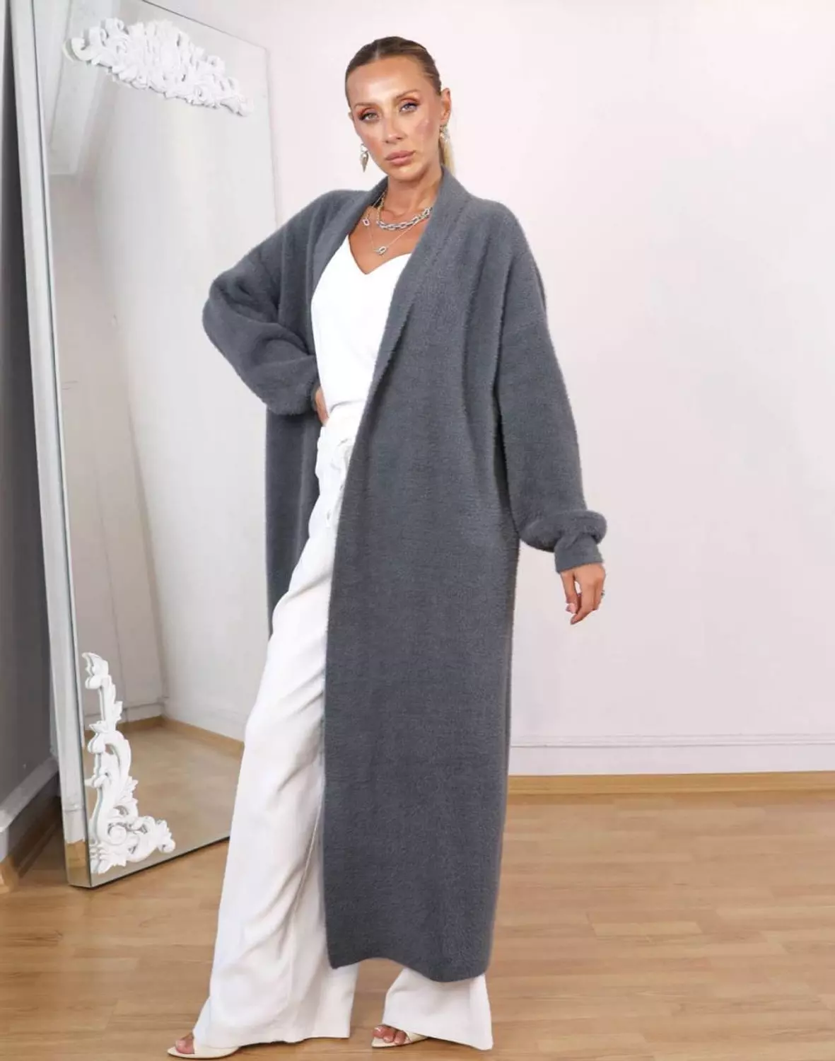 Long Open Dark Grey Mohair Cardigan  hover image