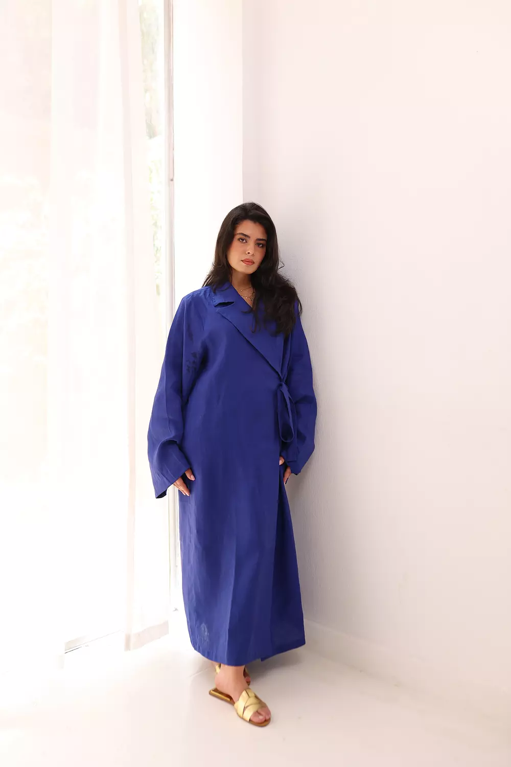  Side-tie linen dress in royal blue  2