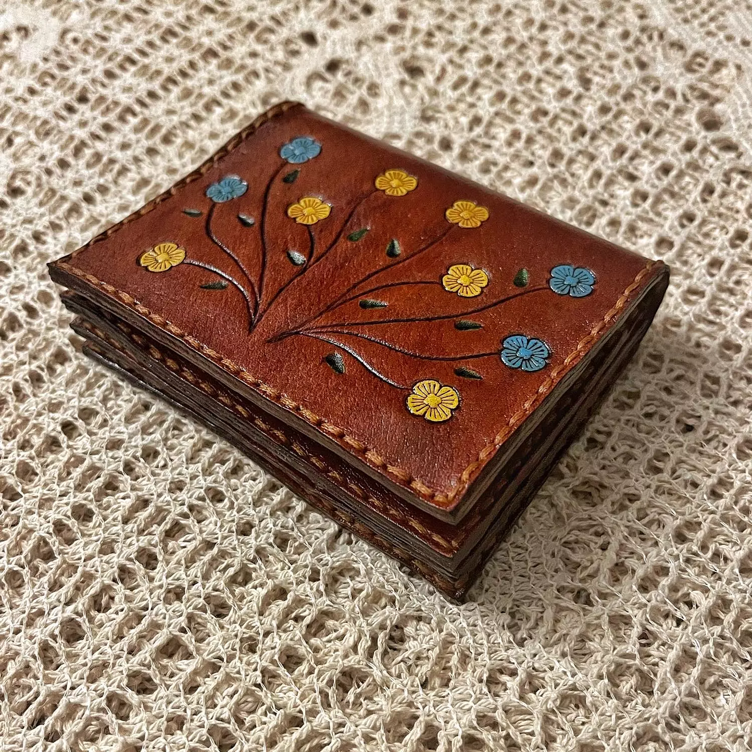 Hand painted yellow-blue flowers folded leather wallet  5