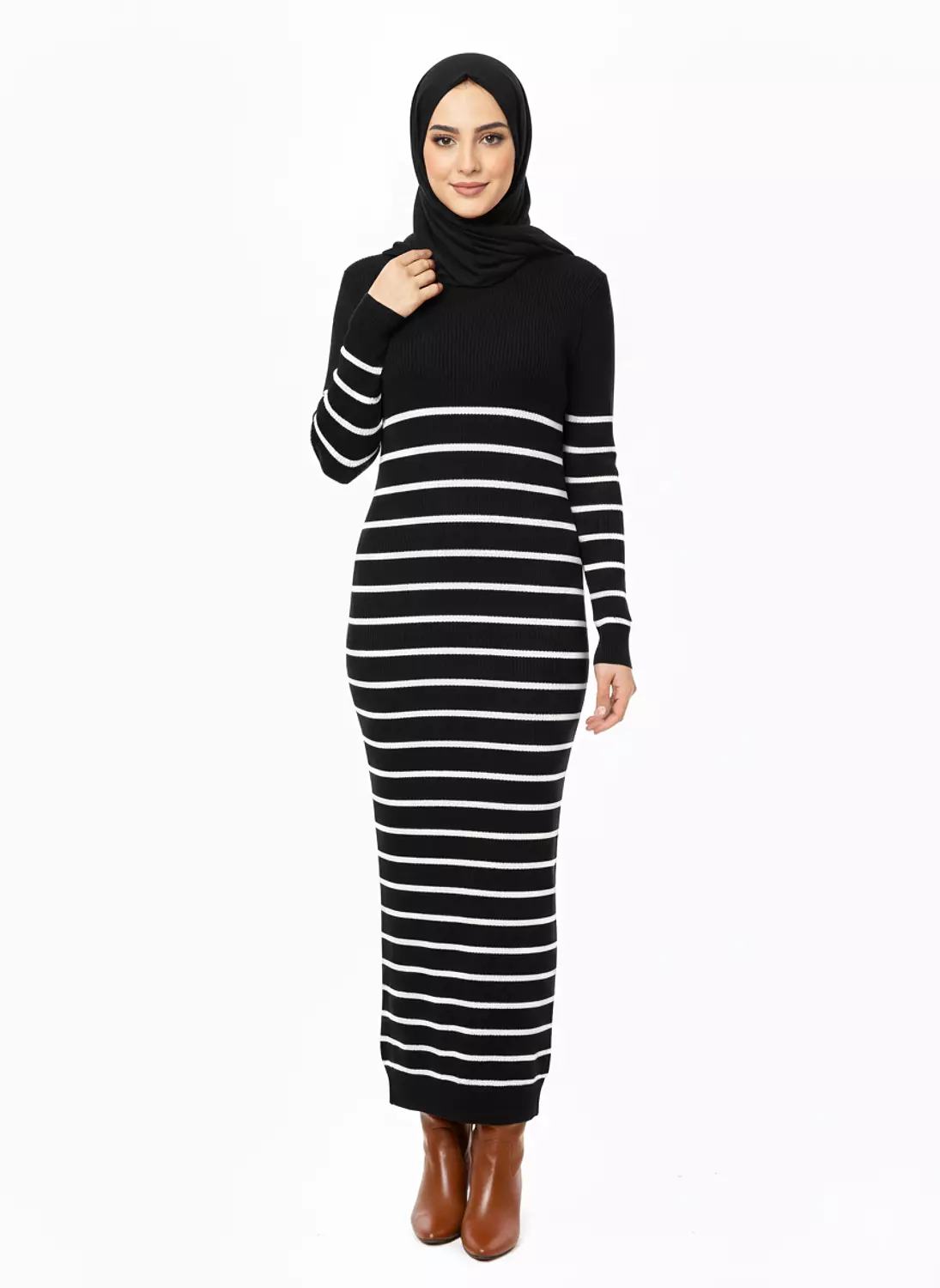 Long Knit Winter Dress with Striped Design 1