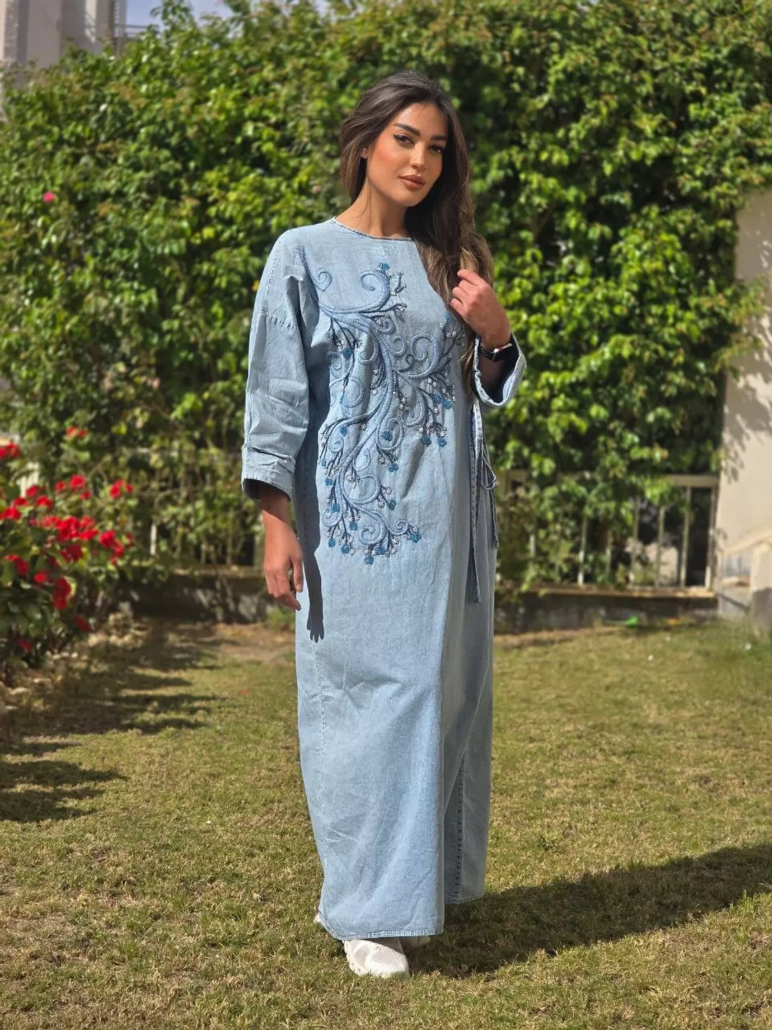 Light blue floral sequin embroidered denim dress with side tie  2