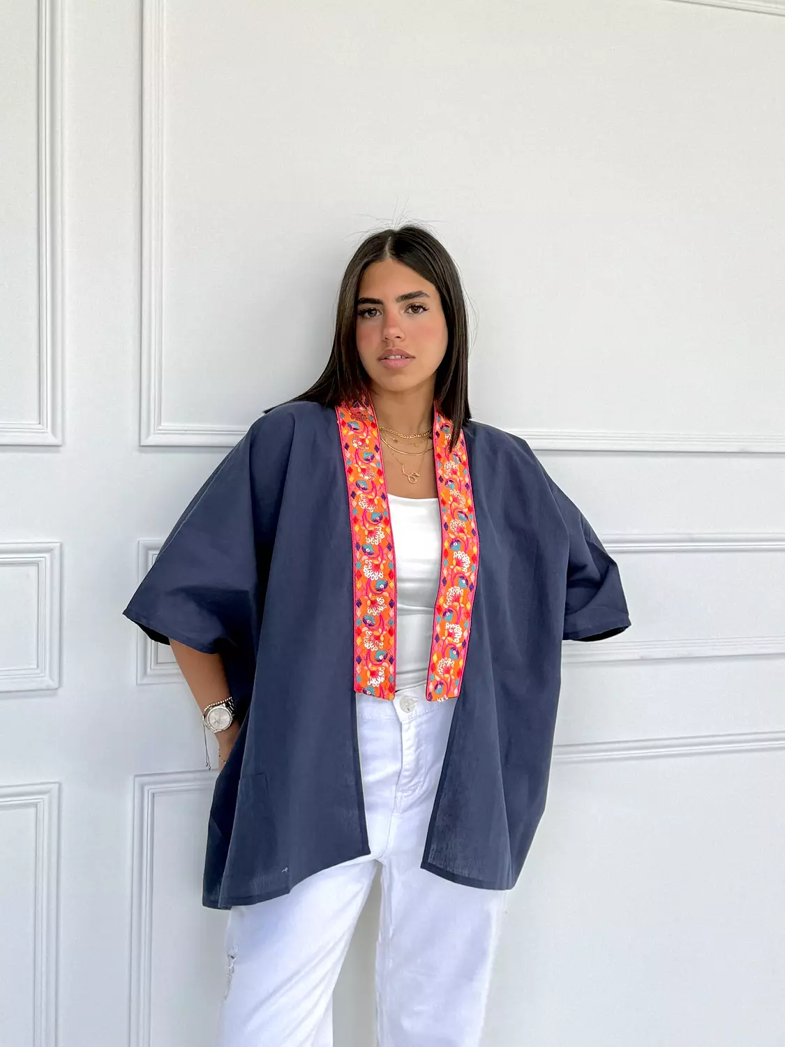 Linen Navy short kimono  3