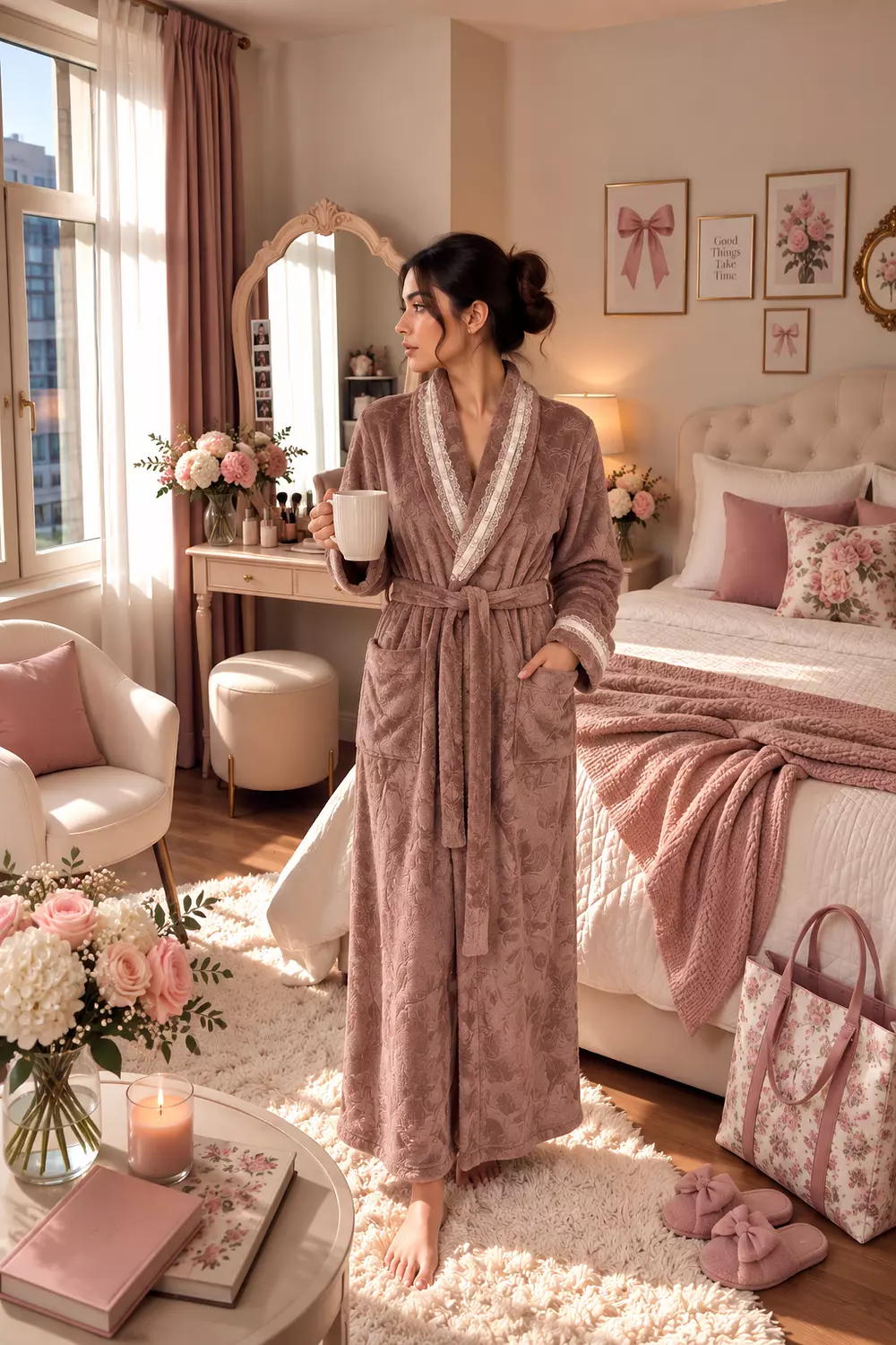 Rose Taupe Embossed Lace Winter Robe 1