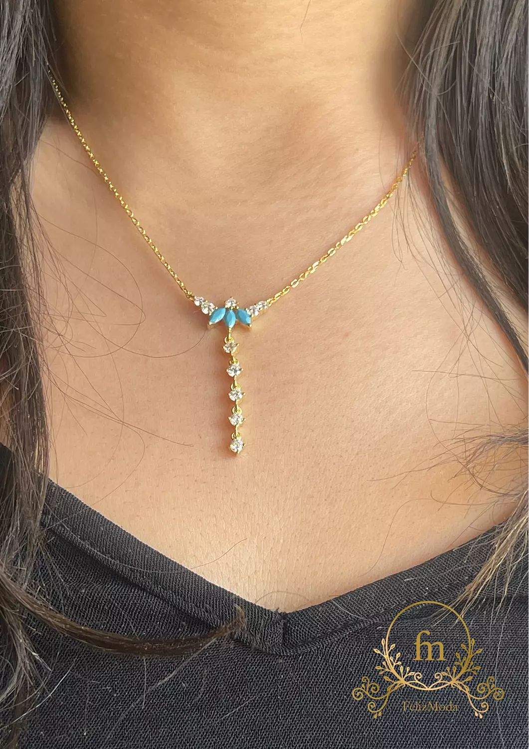 Fayrouz flower silver necklace gold plated with dangling stones image