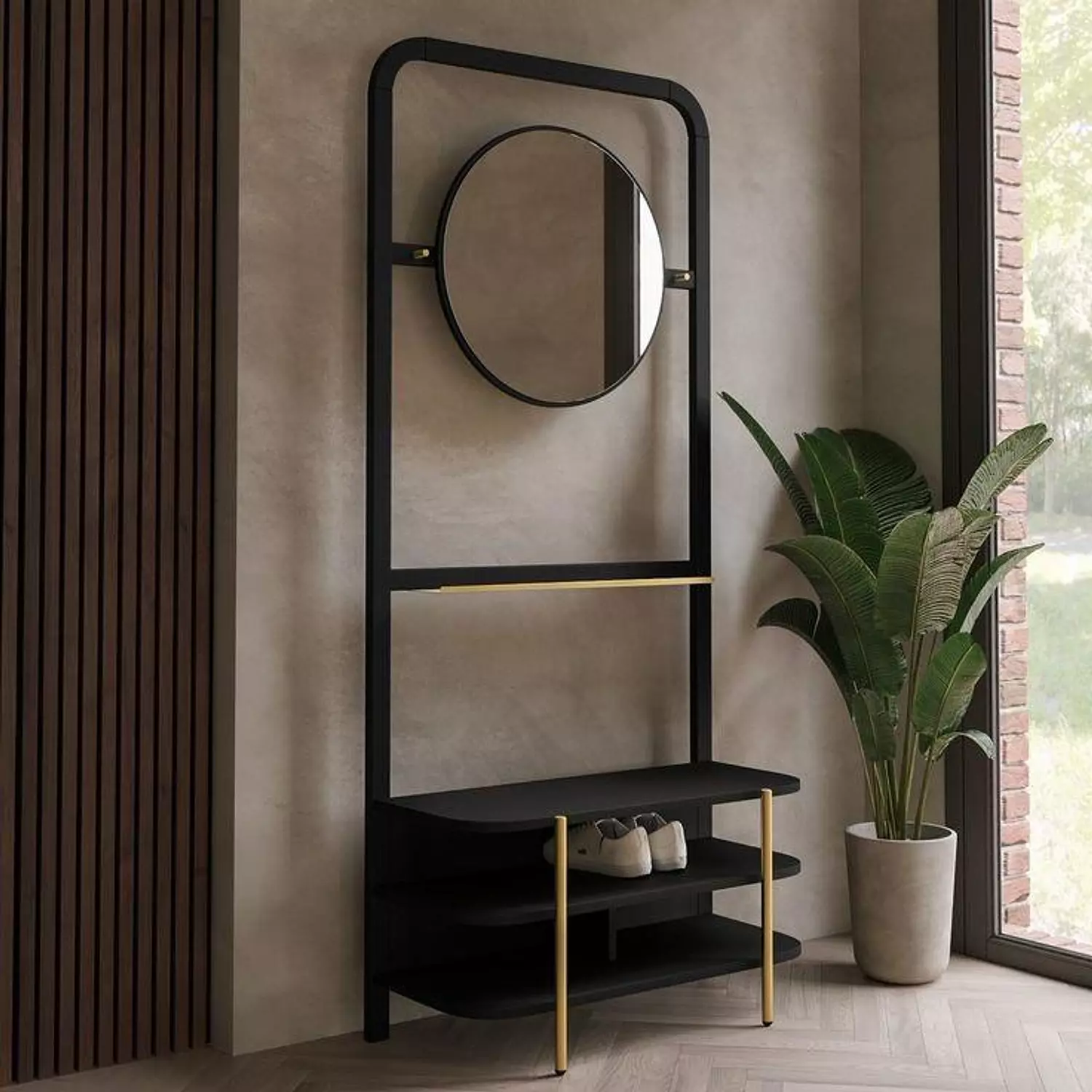 Wooden bench with wall mirror and shelves for organizing shoes hover image