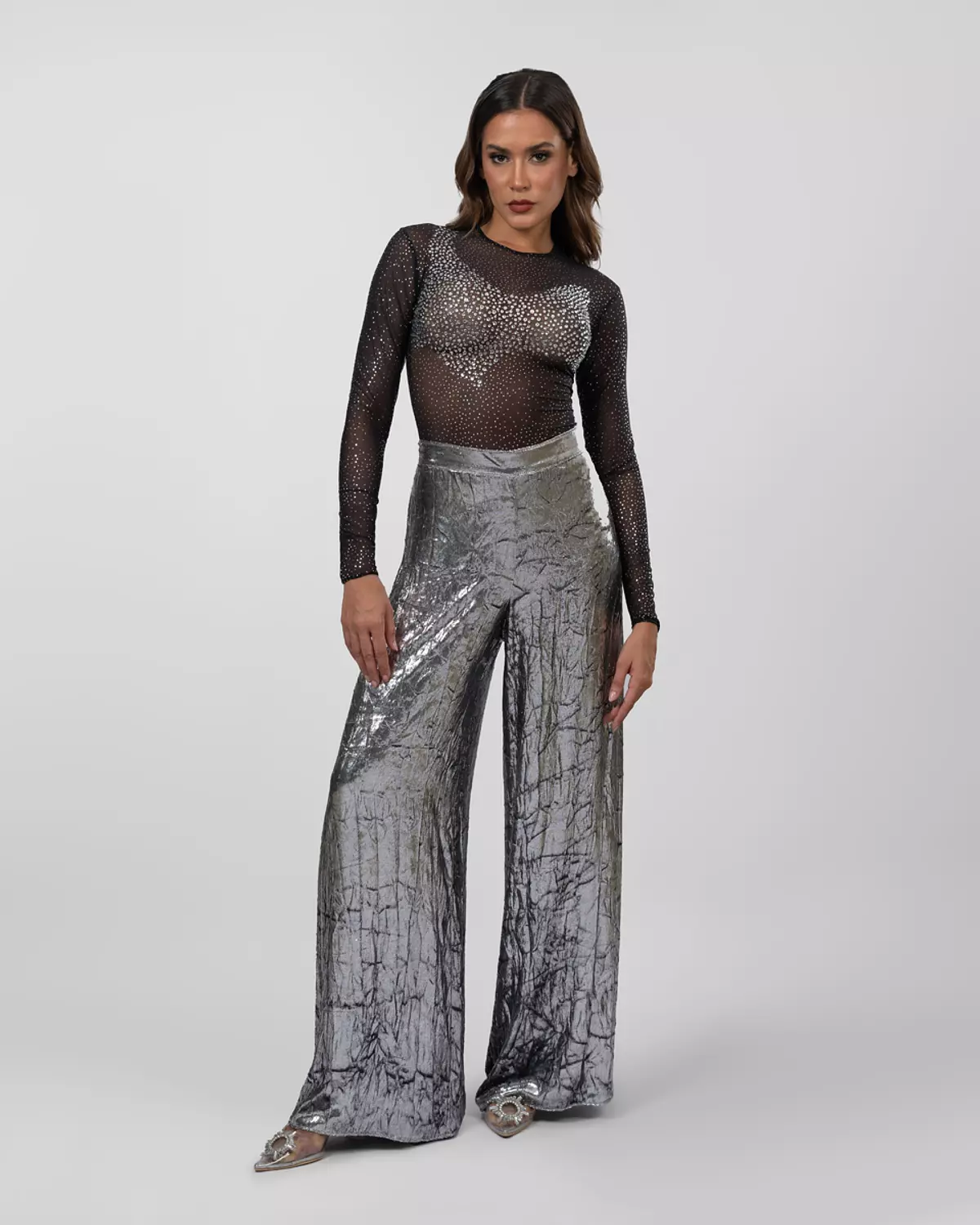 Silver Crushed-Texture Wide-Leg Pants 5