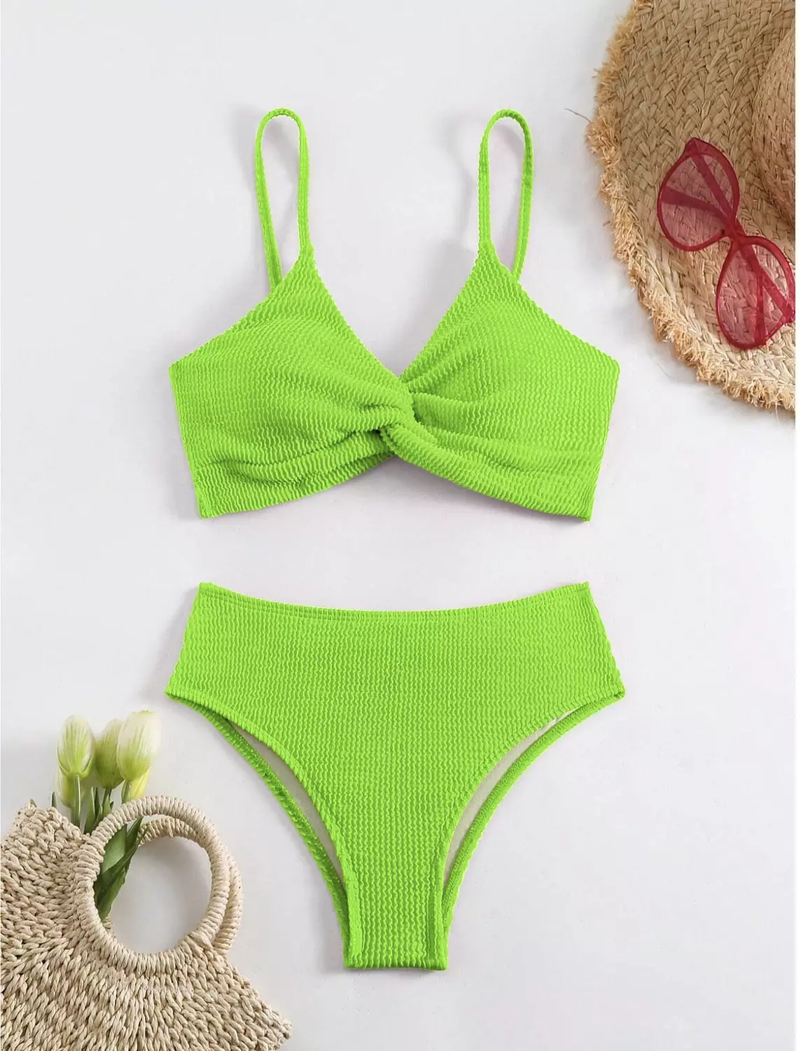 SHEIN Swim Women Fashionable Summer Beach Solid Twist-Front Neon Bikini Set Bathing Suit 2