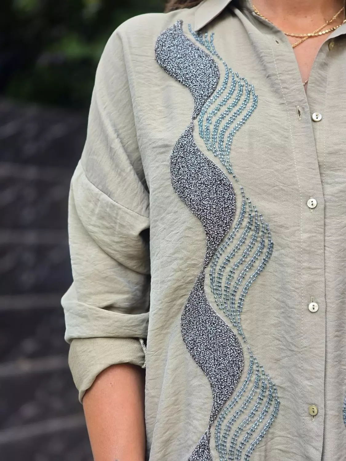 Olive embroidered linen shirt image