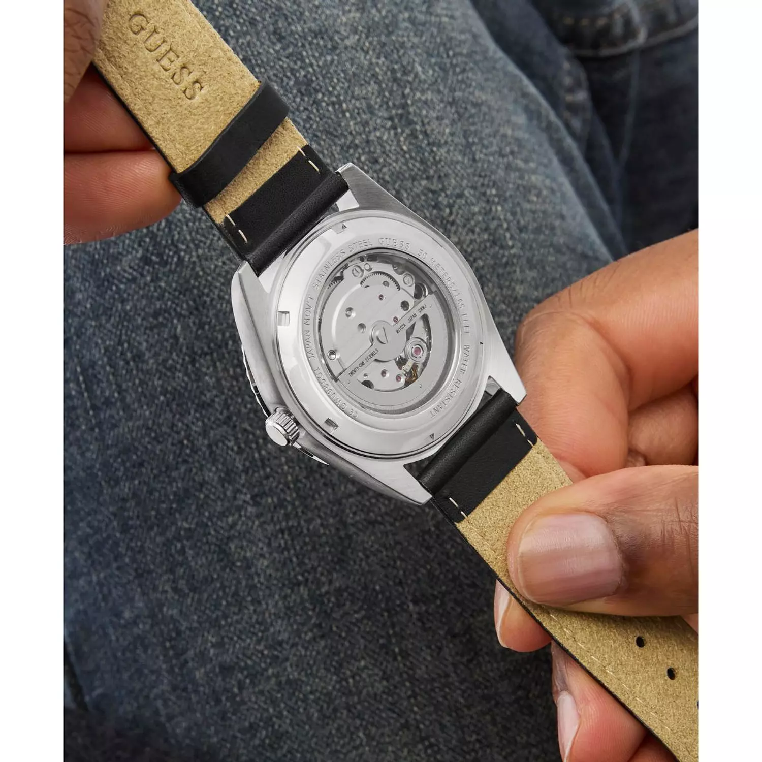 GUESS CONNOISSEUR Mens Black Silver Tone Automatic Watch Black Genuine Leather Brushed/Polished Strap 6