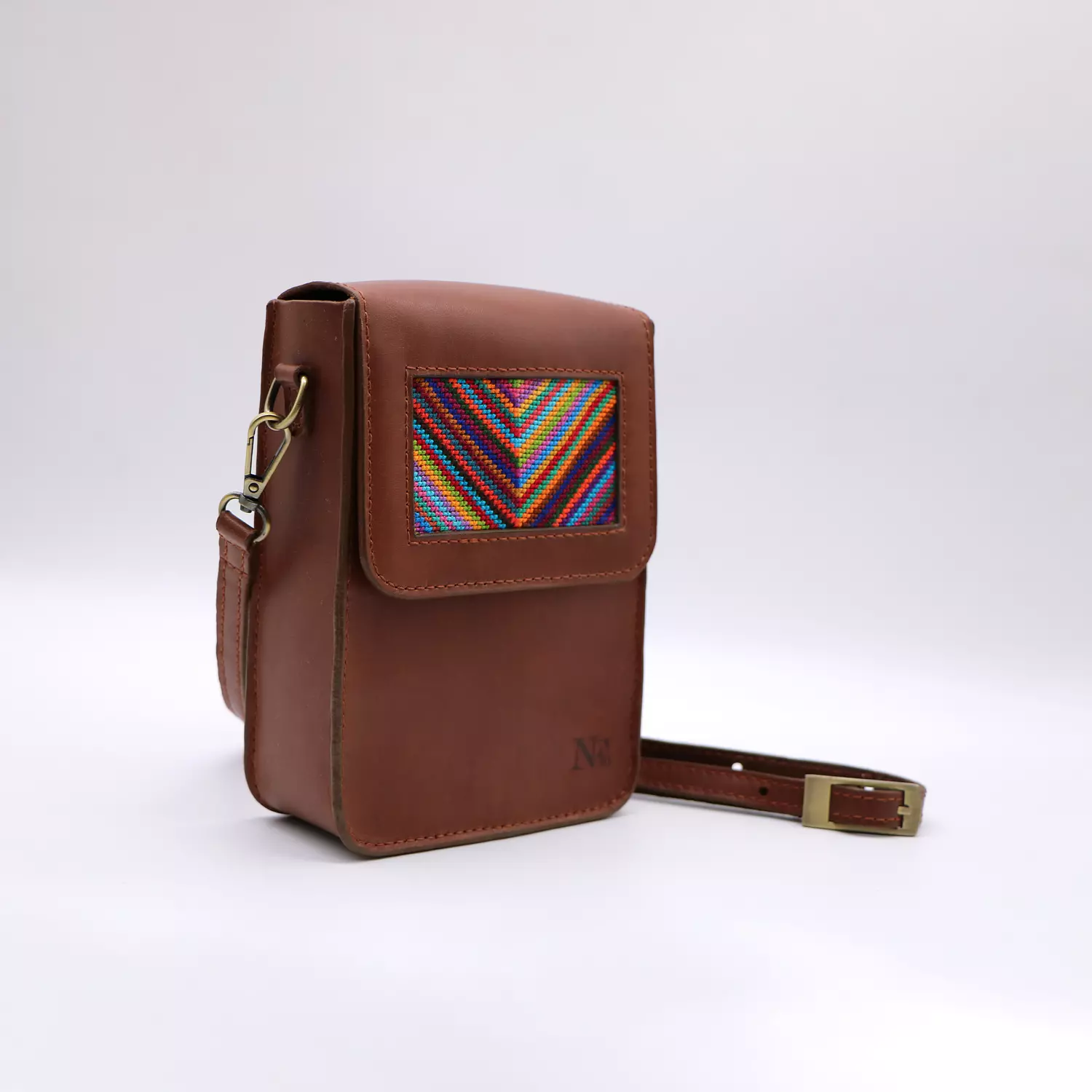 Havana genuine leather bag with colorful cross-stitching. image