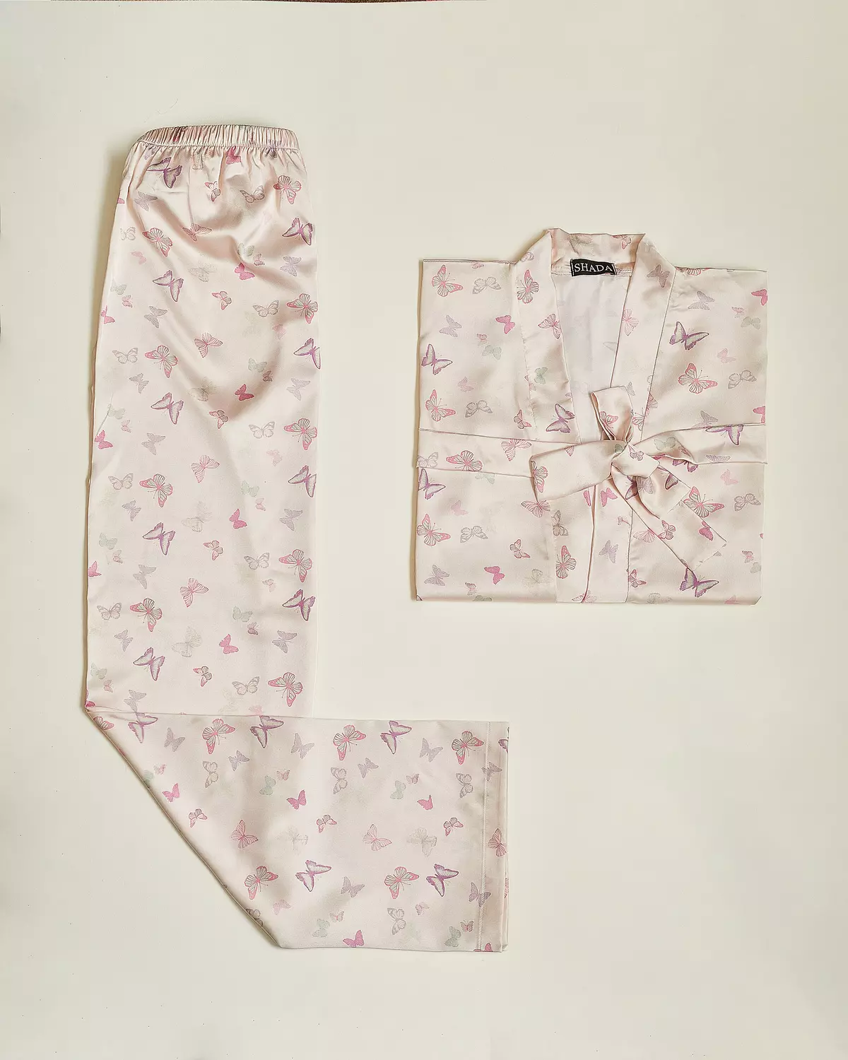 Pink Butterflies Printed Robe and Pants Set  image