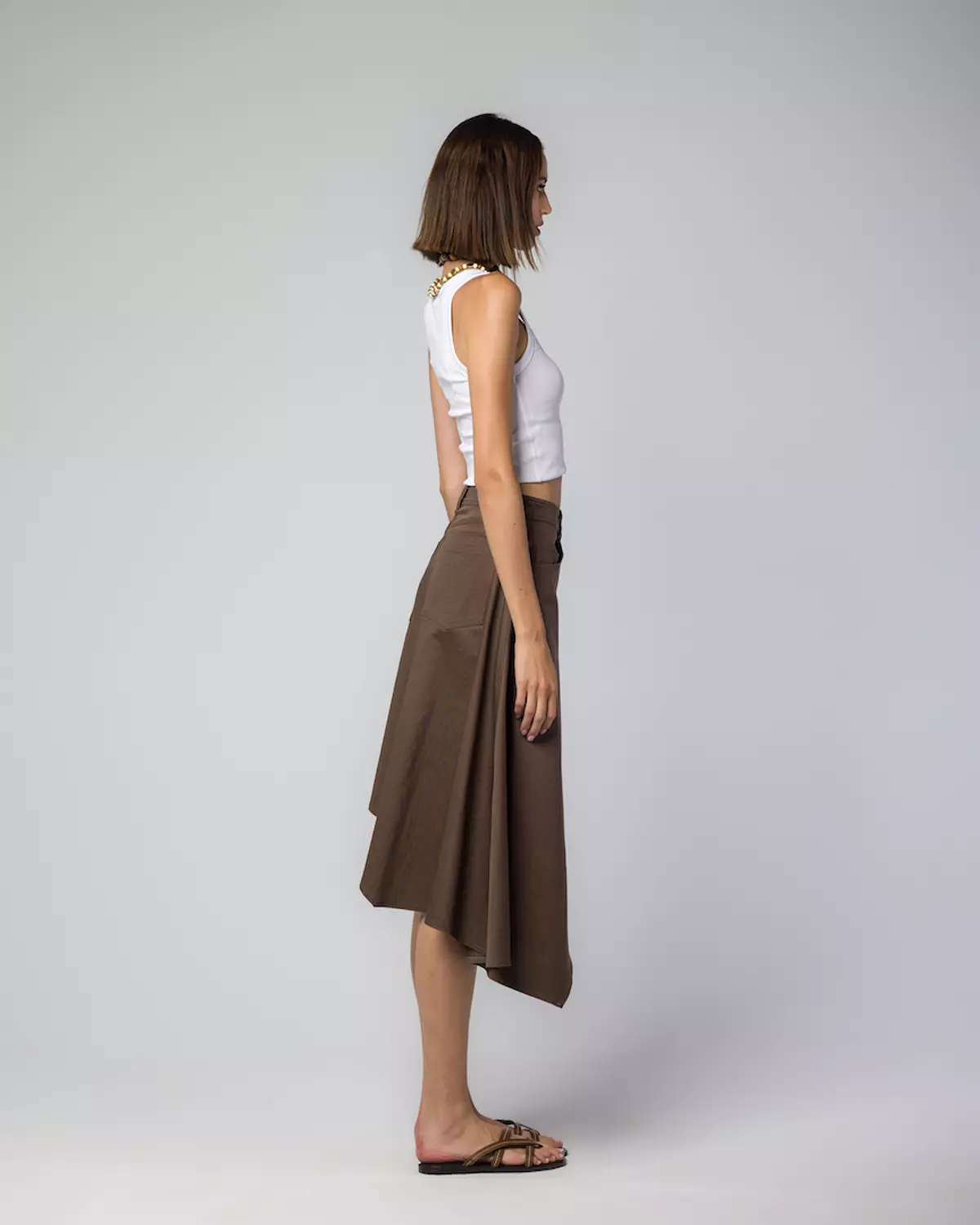 BROWN GABARDINE ASYMMETRIC SKIRT hover image