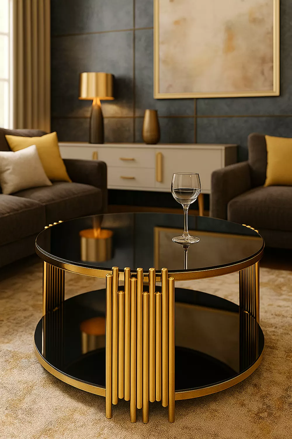 ترابيزة ستانلس دهبي 65 سم 2 دور زجاج اسود ساده image