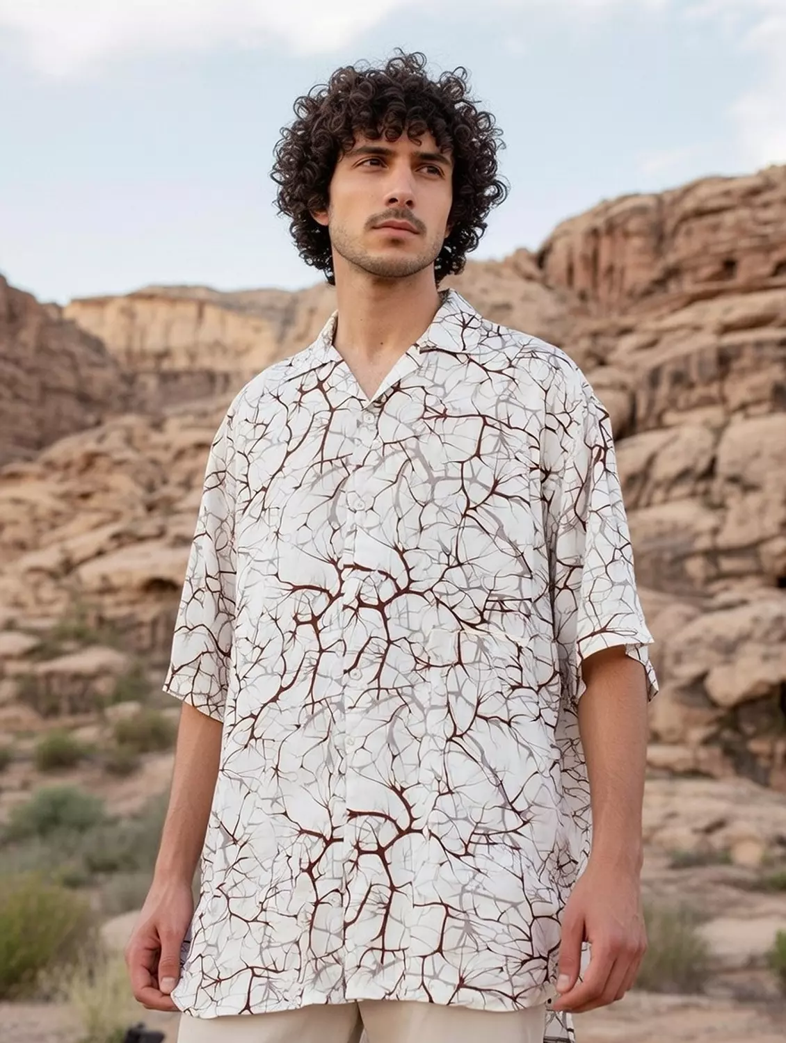 Loosefit White with Vines Pattern Viscose Shirt image