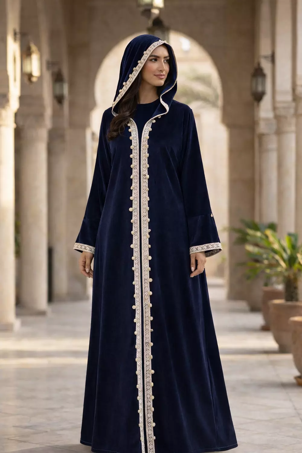 Women's Velvet Ramadan Hooded Kaftan with Lace Trim, Long Sleeve Abaya Robe image