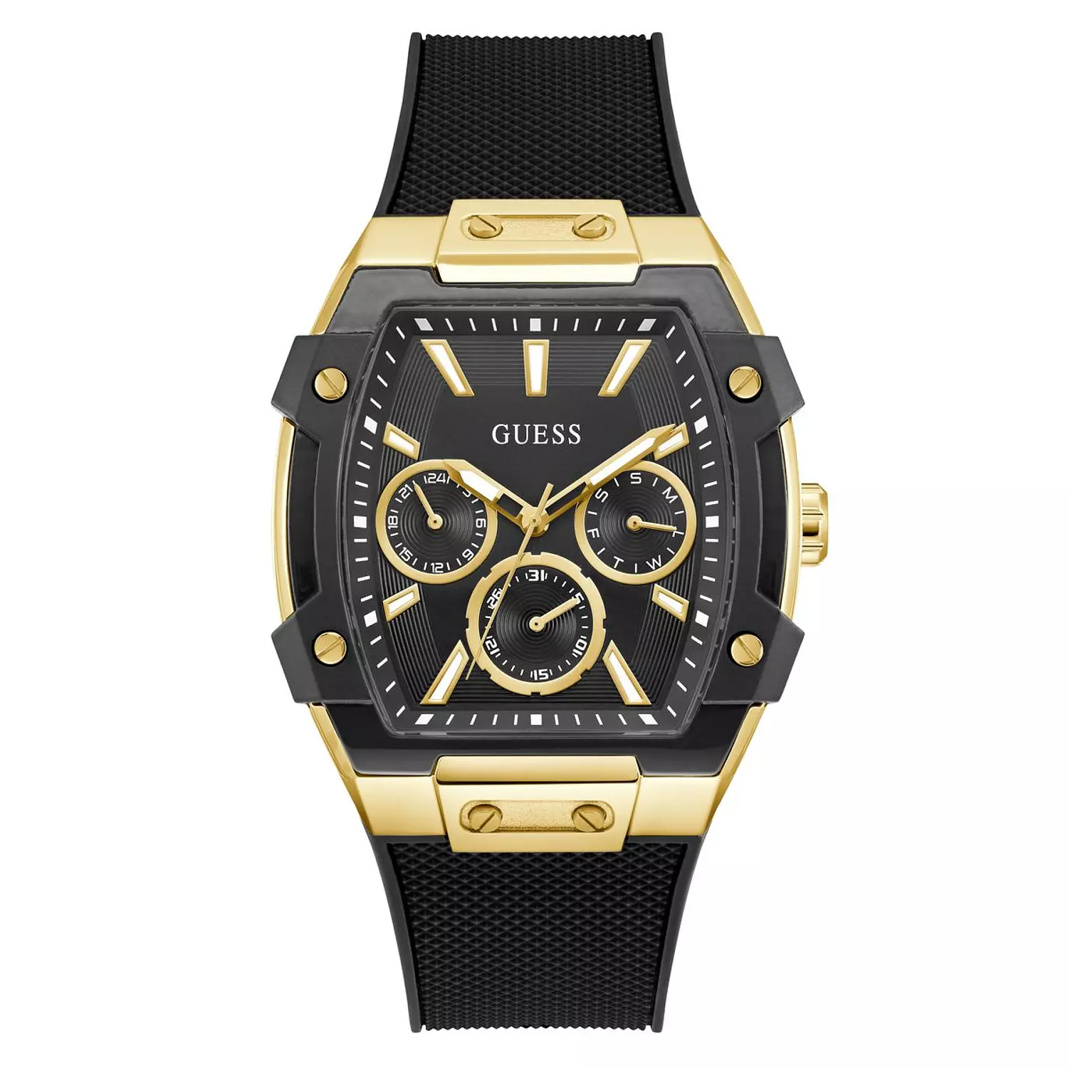 GUESS Mens Black Gold Tone Multi-function Watch Black Silicone Strap GW0956G2 image