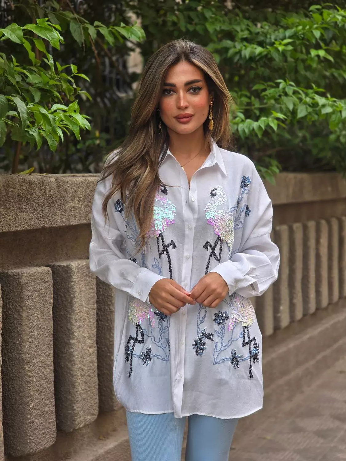 White Embroidery Flamingo Shirts image